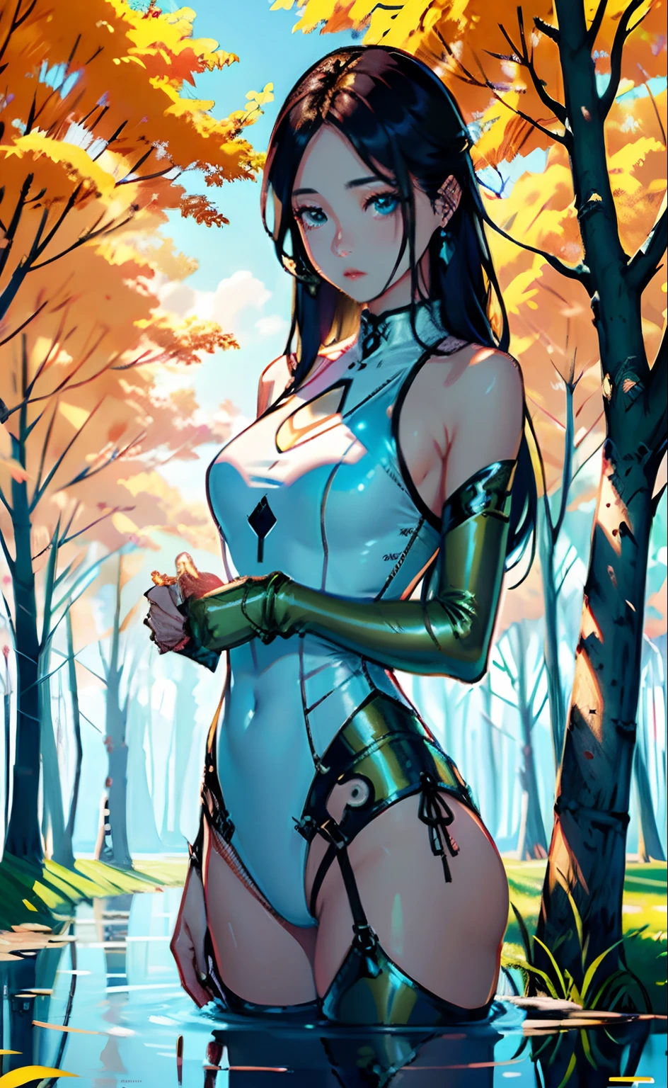 Beautuful Women、grim facial expression、mesmerizing eyes、Straight long hair、tight outfit、calm posture、Porcelain skin、subtle blush、Crystal Pendant BREAK Golden Hour、(Rim Lighting):1.2、Warm tones、Soft shadows、vivd colour、Pictorial effects、Silencer in hand、willow trees、calm water、Reflectors、sunlit clouds、peaceful ambiance、cyberpunked、ultra-detailliert、Official Art、unity 8k wall paper、Zentangle、a Mandala