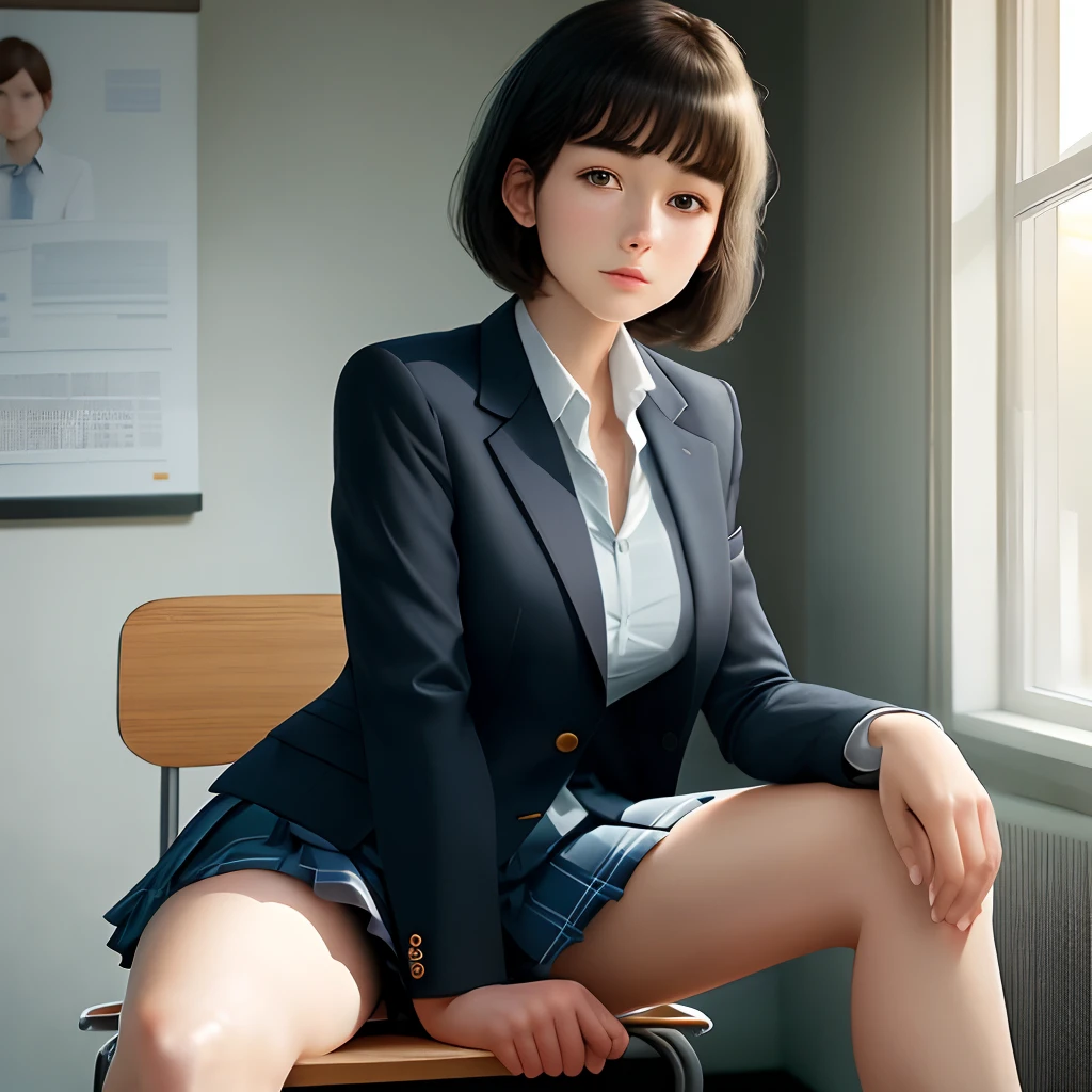 Top Quality, Photorealistic, 8K, High Definition, 1 Girl, Female, (1.8), School, Schoolgirl, Blazer, Uniform, Pubic hair visible, No panties, Skirt boldly pulled up, ((Sit in chair and legs wide open)), Bend your knees and open your legs, Slightly shorter hairstyle, Grab your knees with your hands to open your legs, Buttoned shirt flutters