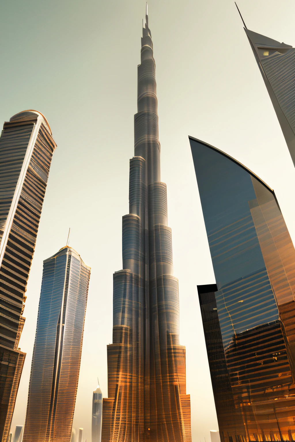 warm colors ,modern skyscraper towering over a city, urban setting, 4k, realistic, 8k, ultrares, ultrareal, burj khalifa vibe