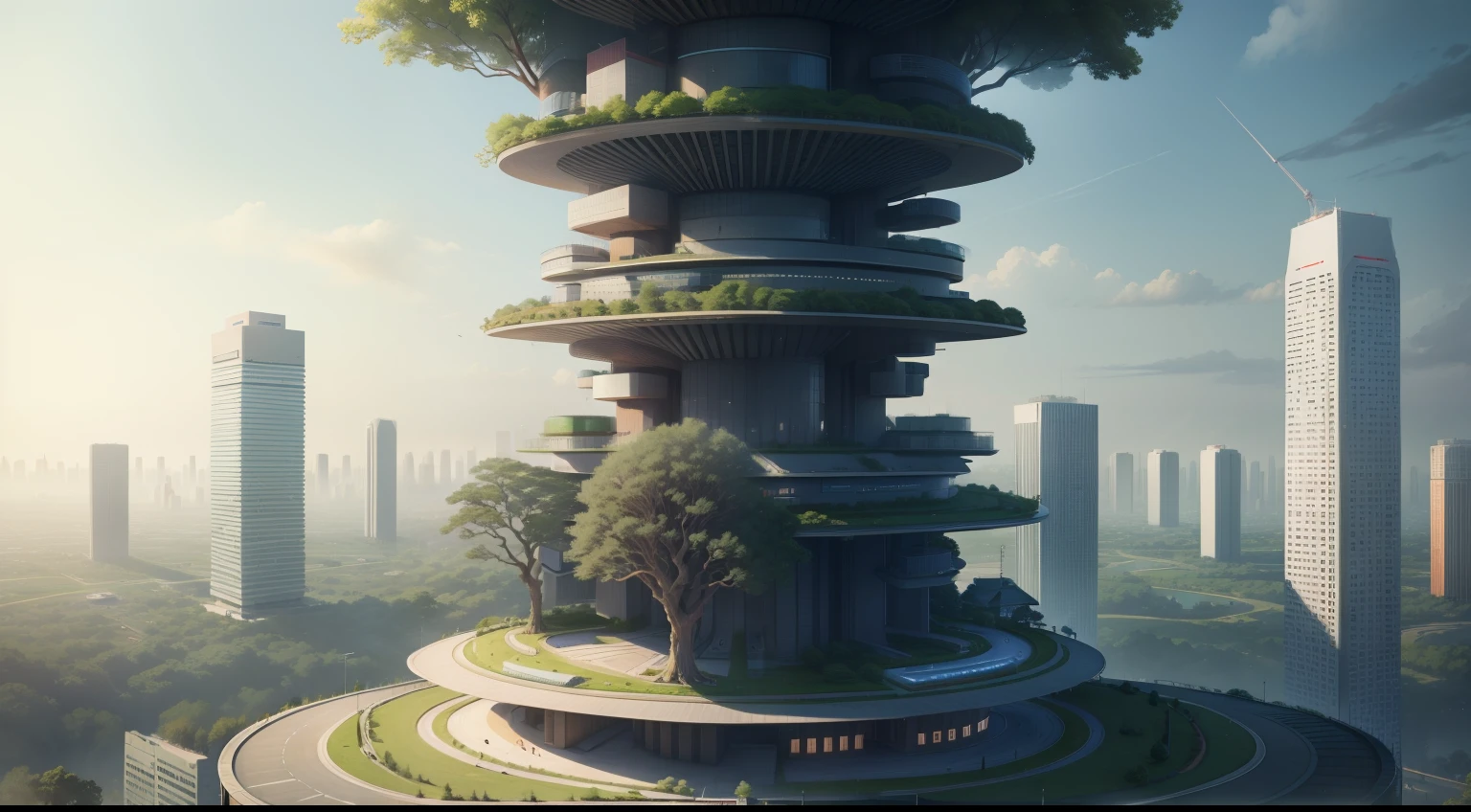 The city of the future，城市，Technologie，Technology and trees，highr，tall house，sci-fy，the detail，hyper-detailing，The tree
