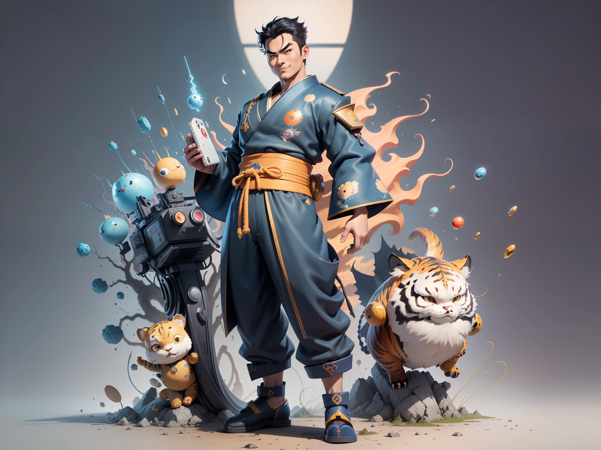 (Masterpiece), (Excellent), (Super Meticulous), (Full Body: 1.2), Super Young Man, Oriental Face, Japanese Kimono, Japanese Wind Thunder God, Dragon, Tiger, TV Anchor, Bust Portrait Illustration, Alone, Black Suit, Blue Tie, Slightly Chubby Face, Very Clean Face, No Beard, Black Super Short Hair, Black Eyes, Confident Smile, 3c Computer Sub-Products, iPad, iPhone, Digital Painting, 3D Character Design by Akira Toriyama and Mark Claireden and Pixar and Hayao Miyazaki, The illustration is a high-definition illustration in 4K resolution with very detailed facial features and cartoon-style visuals.