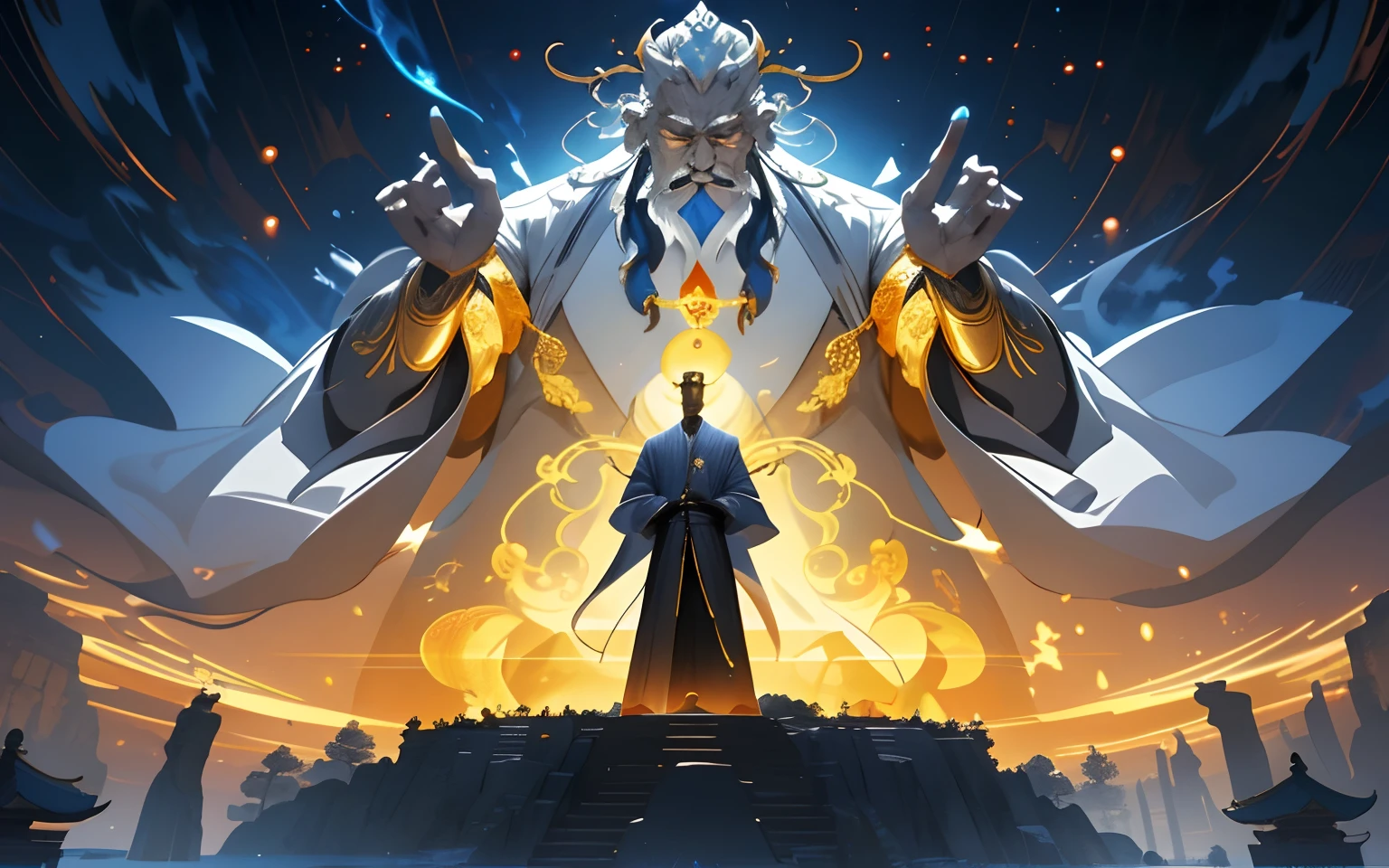 A figure stood in front of a golden Taoist priest，Mysterious and sacred，Full of strength and wisdom，Enigmatic Atmosphere，GAN technology is adopted，unity engine，2K HD。First perspective