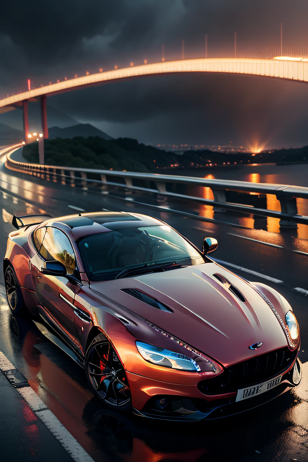 Aston Martin on the elevated on a rainy night sped by，It's like a brilliant flash of light。