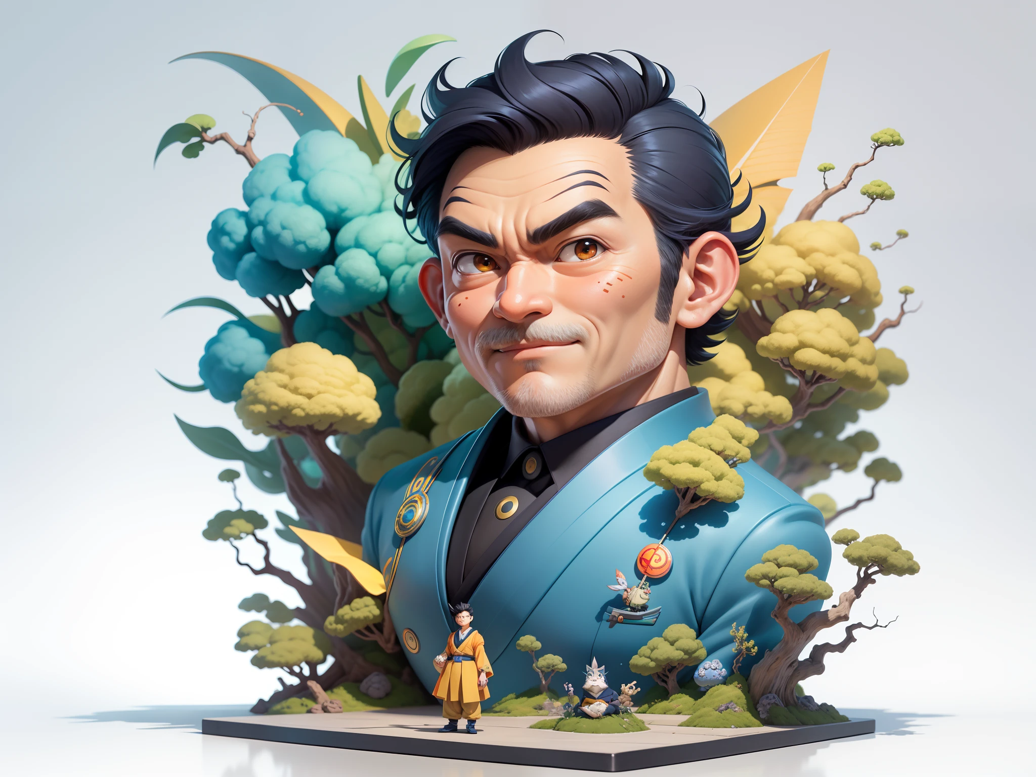 (Masterpiece), (Excellent), (Super Meticulous), (Full Body: 1.2), Super Young Man, Oriental Face, Japanese Kimono, Japanese Wind Thunder God, Dragon, Tiger, TV Anchor, Bust Portrait Illustration, Alone, Black Suit, Blue Tie, Slightly Chubby Face, Very Clean Face, No Beard, Black Super Short Hair, Black Eyes, Confident Smile, 3c Computer Sub-Products, iPad, iPhone, Digital Painting, 3D Character Design by Akira Toriyama and Mark Claireden and Pixar and Hayao Miyazaki, The illustration is a high-definition illustration in 4K resolution with very detailed facial features and cartoon-style visuals.