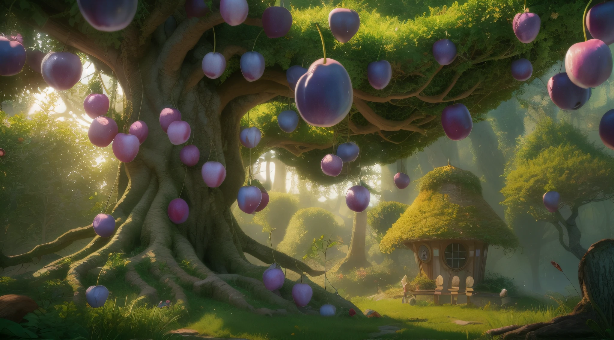 Fairytale Forest, Very realistic, Plums grow on a large tree, fantasy, The world of BioShock