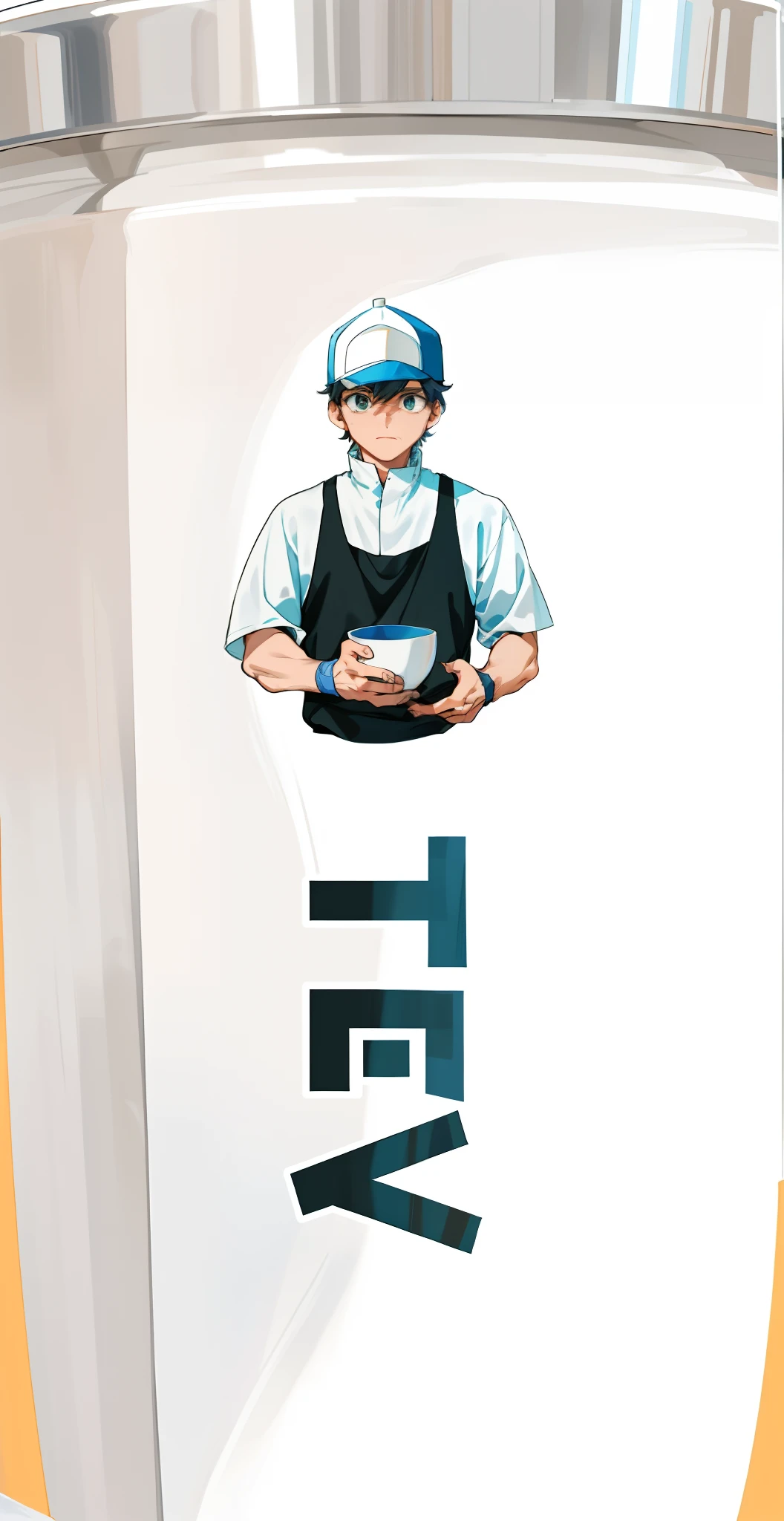 A close-up of a boy holding a bowl with a logo,Minimalist style,lineworks,Wearing a baseball cap