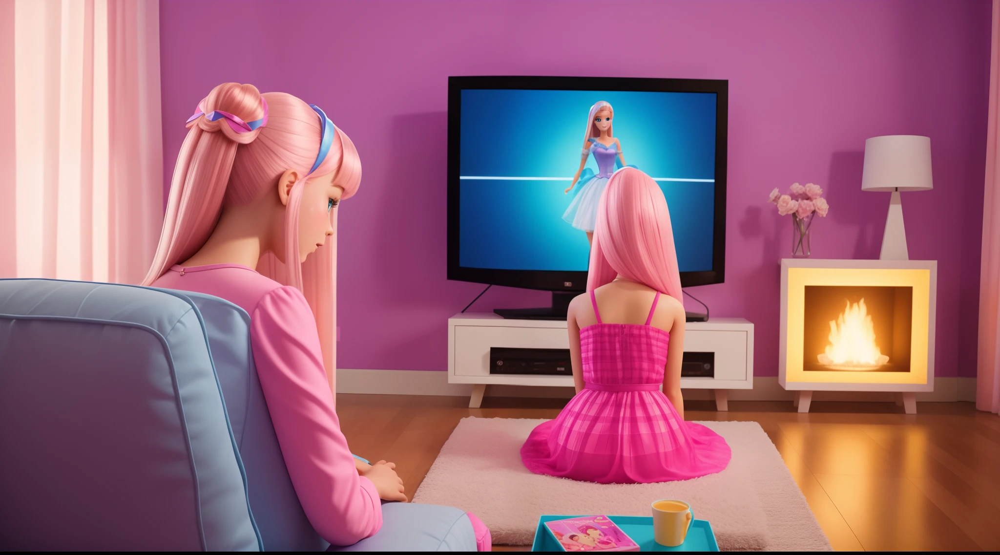 a teenager girl watching barbie film in tv at house, 4k,
