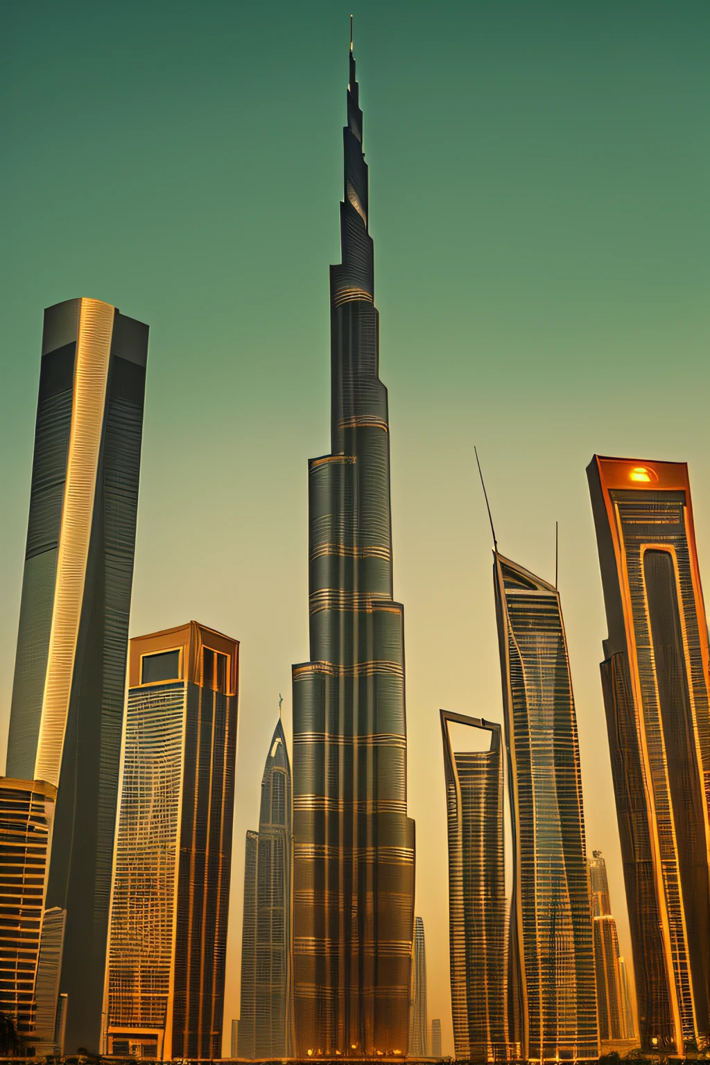 warm colors ,modern skyscraper towering over a city, urban setting, 4k, realistic, 8k, ultrares,ultrareal, ((cinematic lighting)),burj khalifa vibe