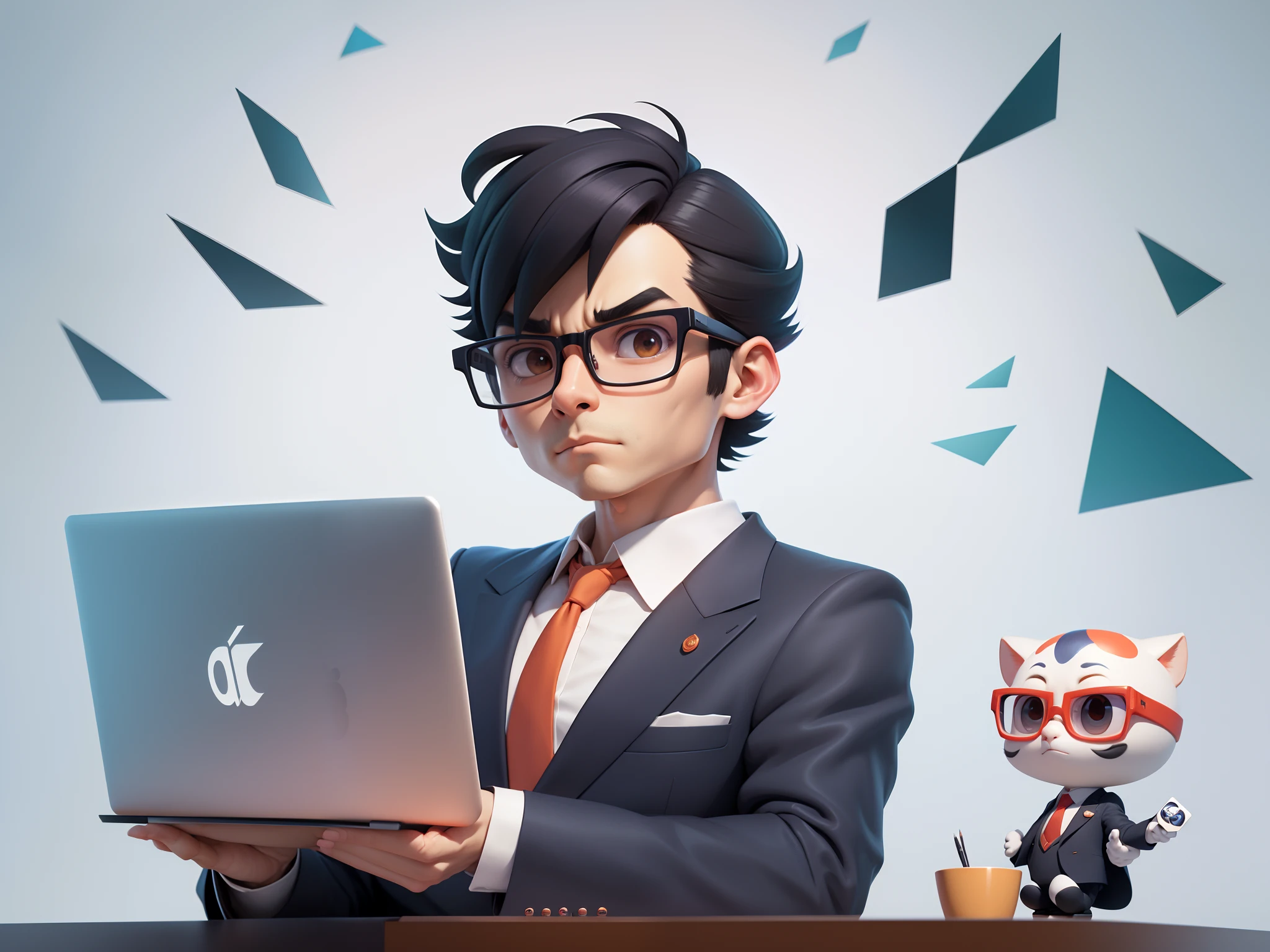 A young man in a suit, Short hair and glasses sat at his desk，holding laptop，digitial painting，tigre，3D character design by Mark Clairen and Pixar and Hayao Miyazaki and Akira Toriyama，4K HD illustration，Very detailed facial features and cartoon-style visuals。