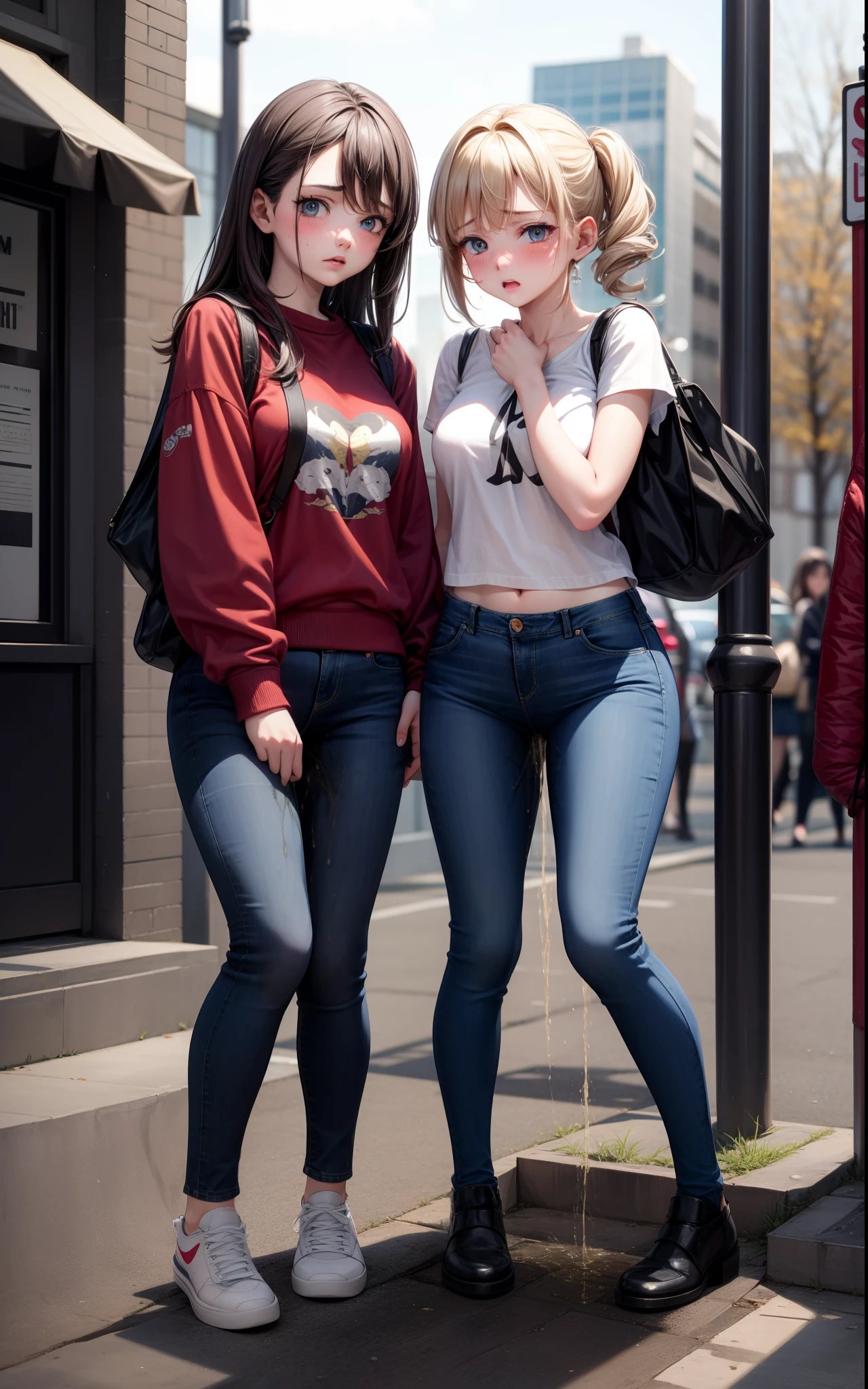 nsfw, masterpiece, best quality, high resolution, (3girls), 20 years old, (blue jeans pants), full body, blush, worried, city park, "pee stain"