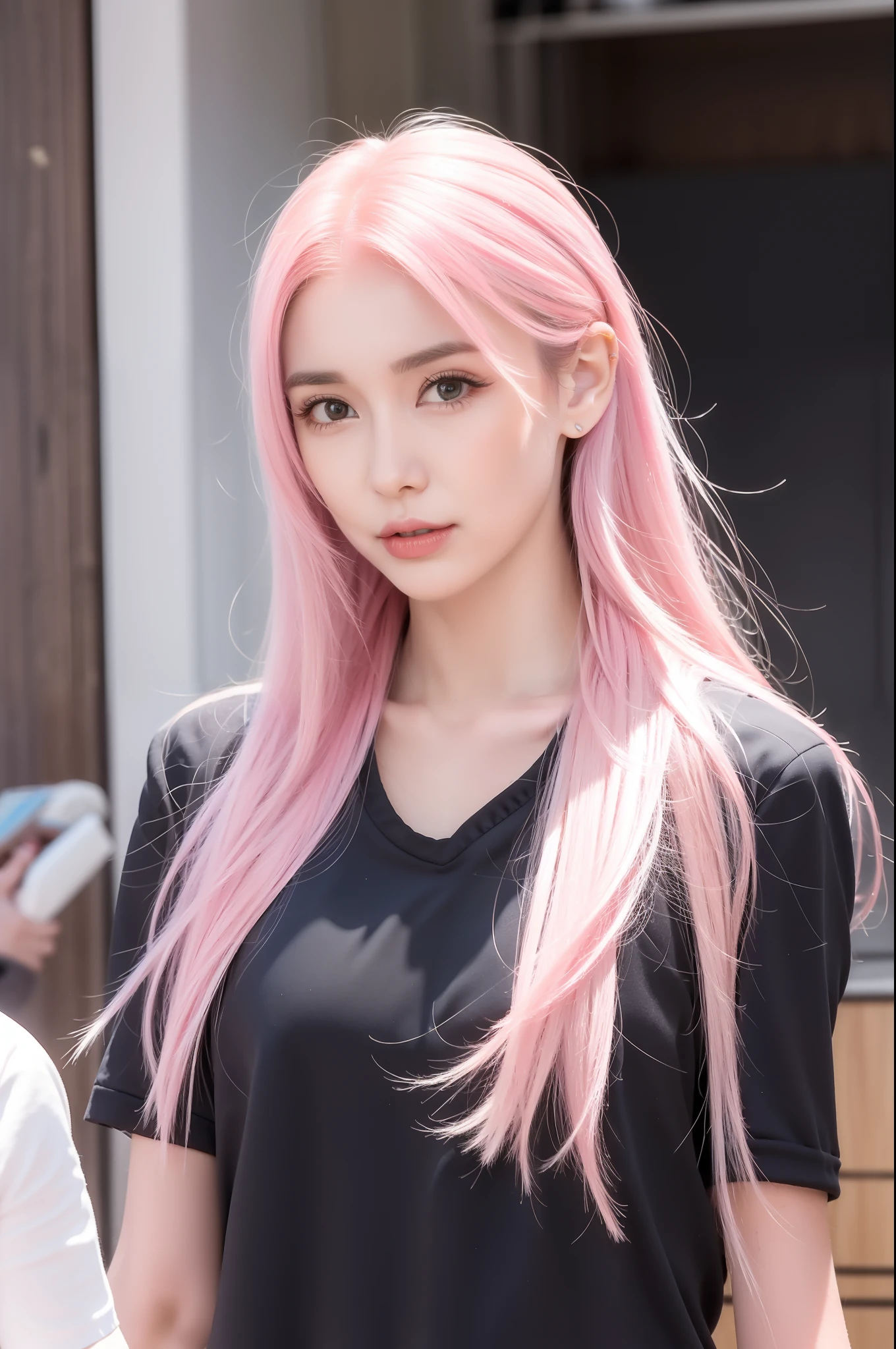 Girl with pink hair， looks into camera，high qulity