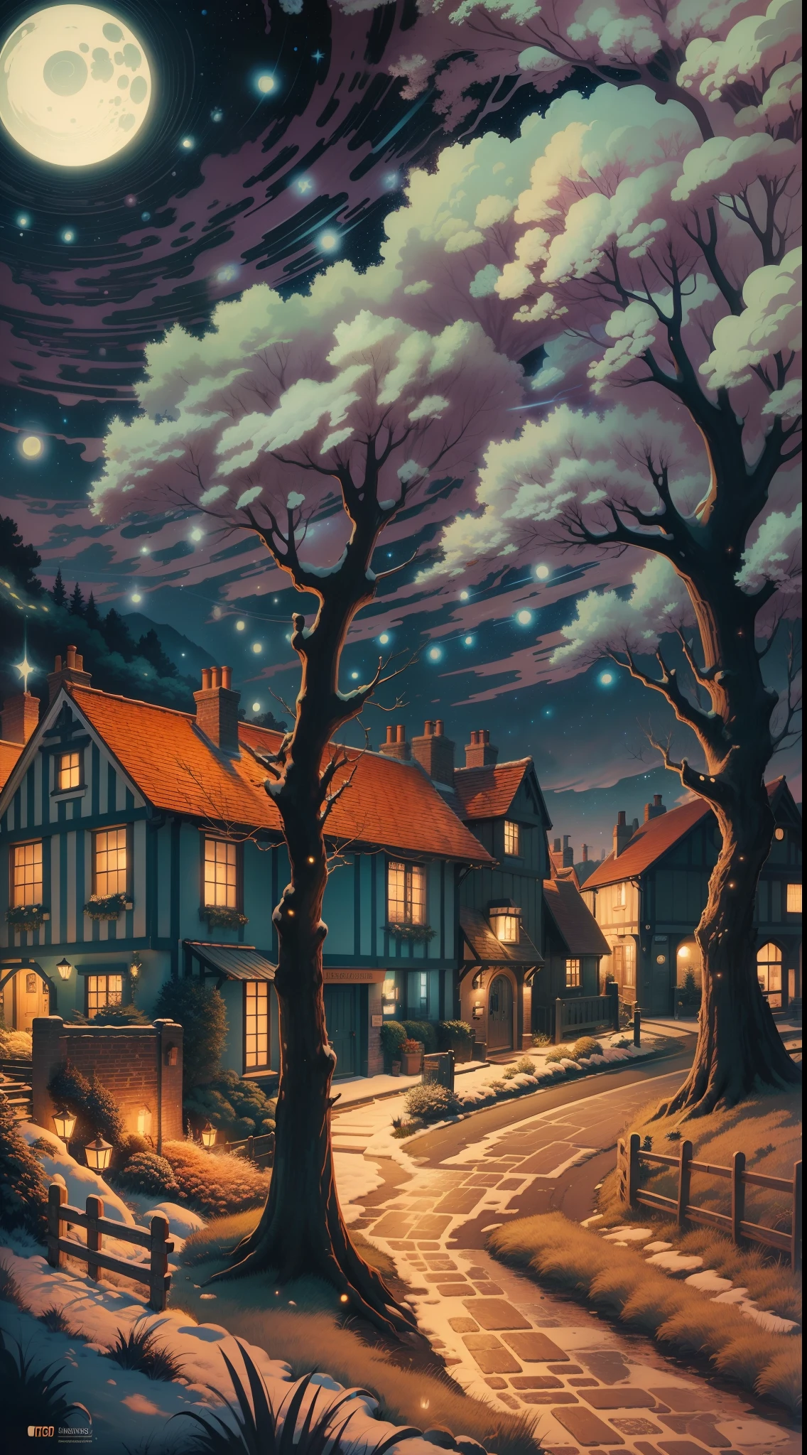 a poster with a beautiful scenery of night time 1900 english classy villages, starry night, warming colours, ultra realistic details, arcane art style, inspired by NEVERCREW, hypervivid intense mcbess, inspired by Tim Biskup, digital illustration, by Justin Gerard,