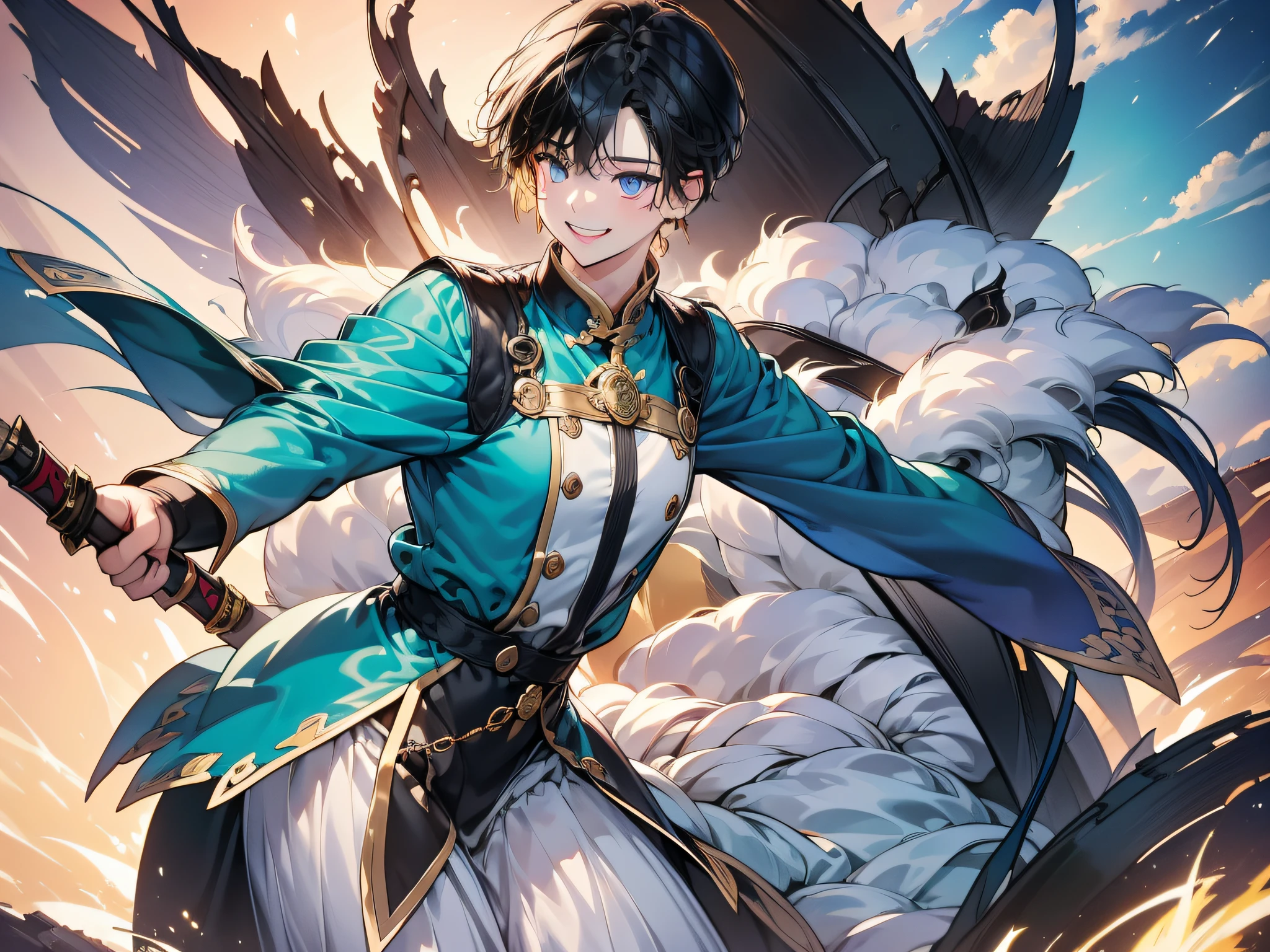 in 8K、top-quality、masterpiece:1.2)、1人の女性、(Smiling smile:1.1)、beautidful eyes、Valley、The upper part of the body、length hair、Like a boy、poneyTail、Green View、
