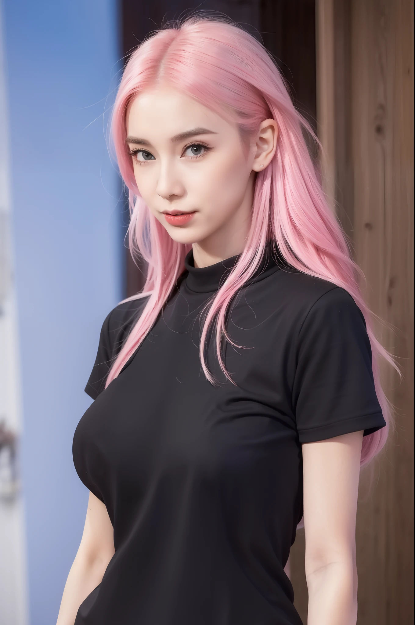 Girl with pink hair， looks into camera，high qulity