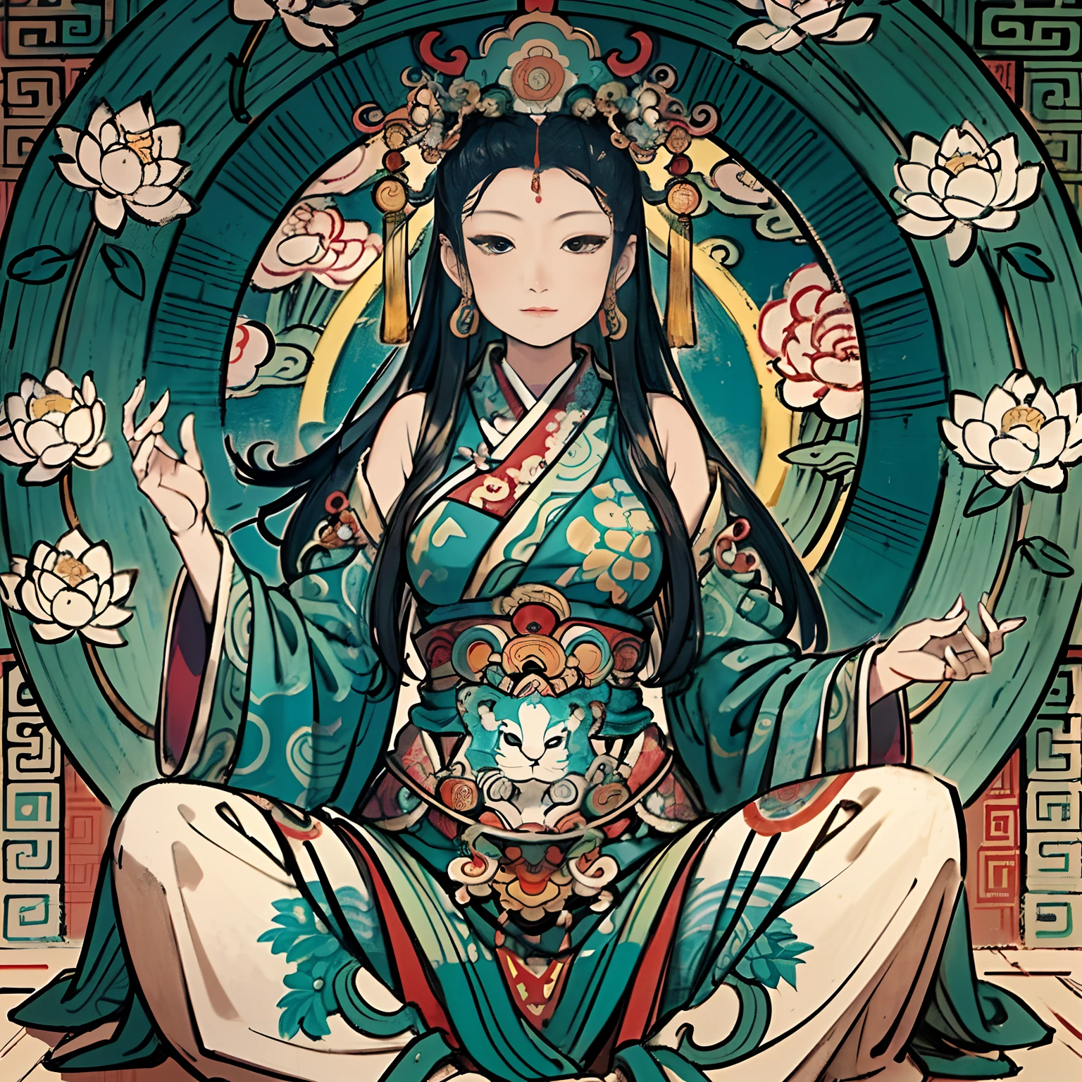 an ancient Chinese goddess, guanyin of the southern seas, Guanyin, Inspired by India, Avalokiteshvara rides a lion,,Serene expression,shui mo hua,Buddha,Buddhist,Lotus,Chinese painting style,Thangka style