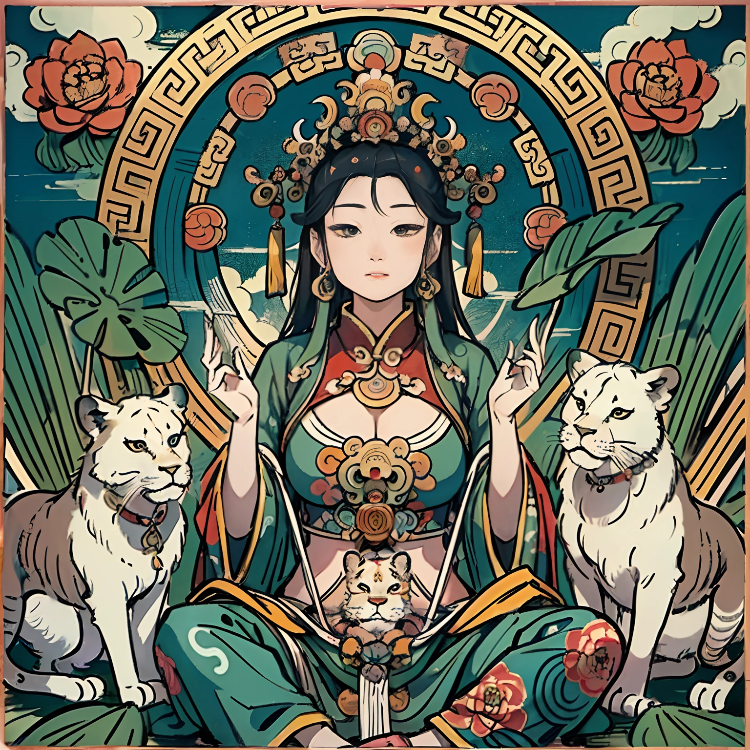 an ancient Chinese goddess, guanyin of the southern seas, Guanyin, Inspired by India, Avalokiteshvara rides a lion,,Serene expression,shui mo hua,Buddha,Buddhist,Lotus,Chinese painting style,Thangka style