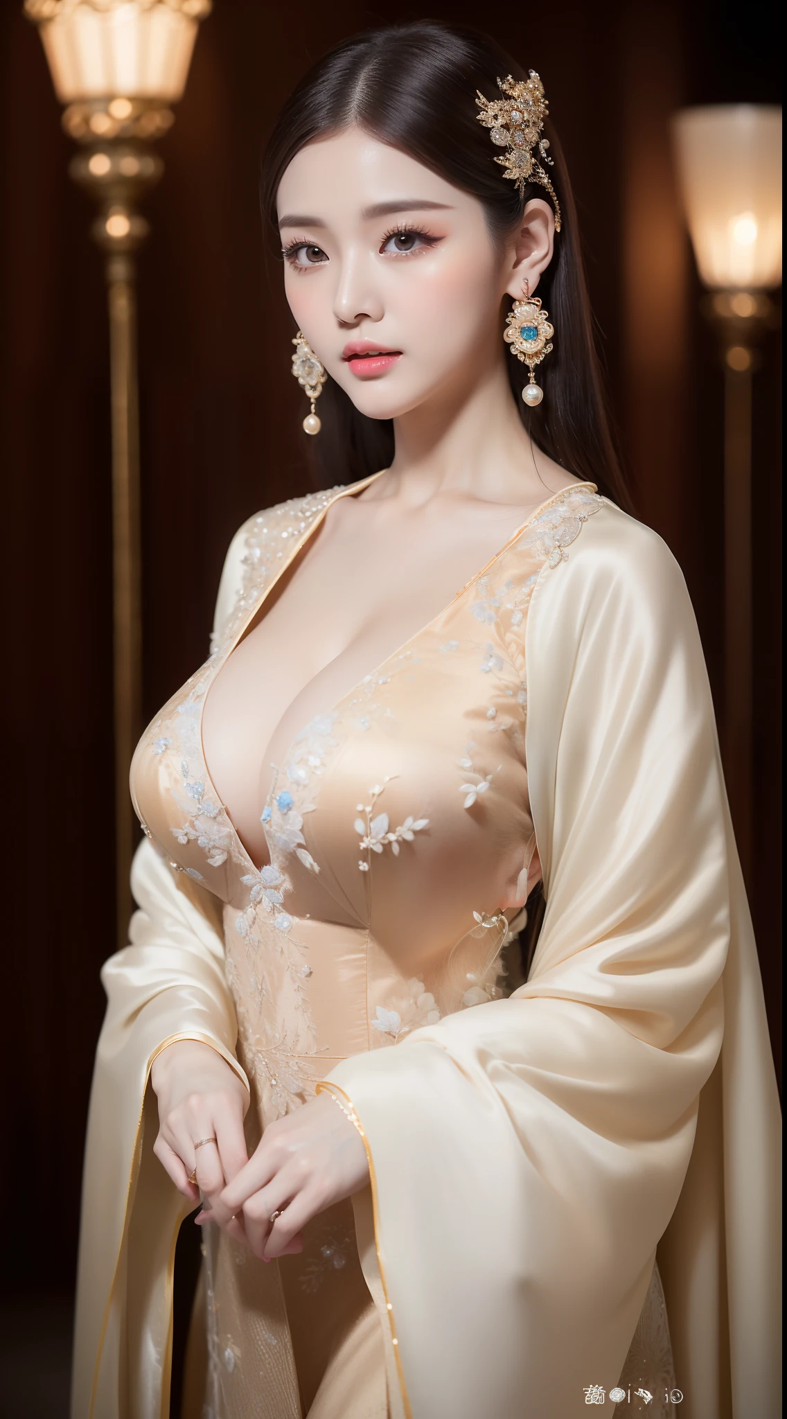 Masterpiece,(best qualtiy),highly  detailed,Ultra-detailed,Lady,Celebrity:Xiao Yu,(Hanfu:1.1),(Elegant temperament:1.2),(Bigboobs:1.3),(Semi-Dressed),(softlighting),(high high quality:1.4),(Detailed),(k hd),(Earrings),(Hairpin),(Exquisite),(Masterpiece)，16k