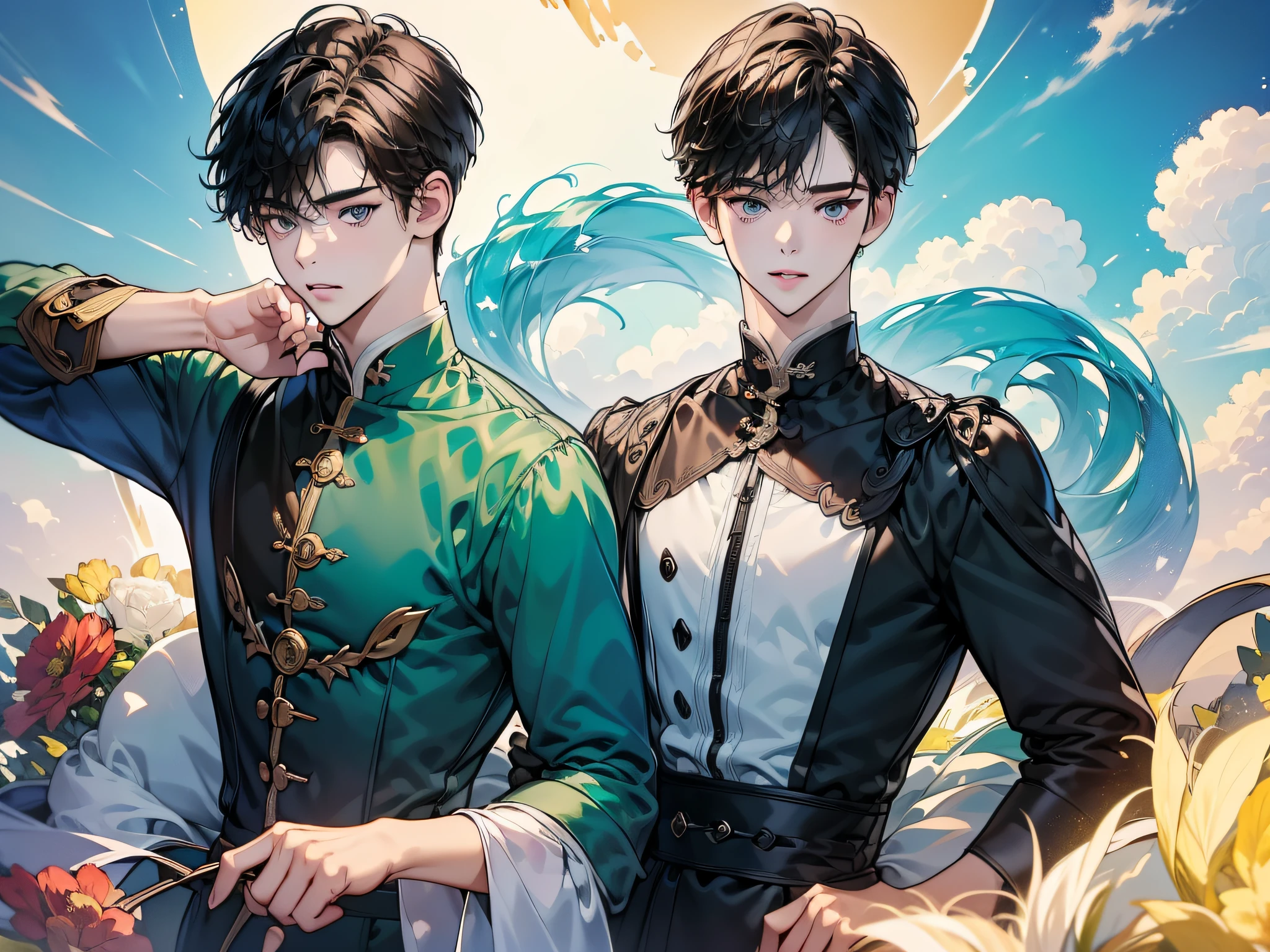 (in 8K、top-quality、​masterpiece:1.2)、1 boy、short-haired、Hair short、Brown-skinned、Green View、