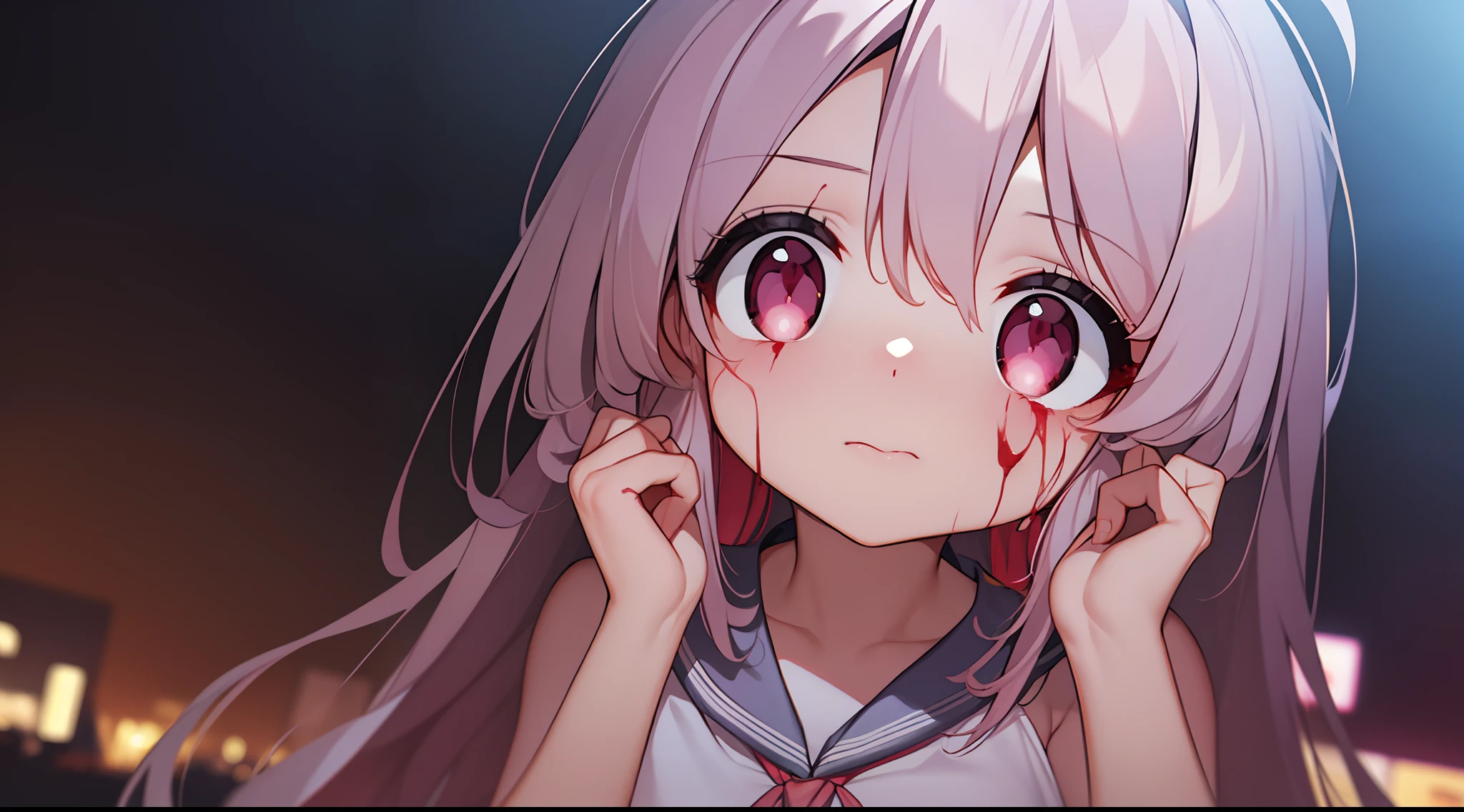 masterpiece,best quality,official art,extremely detailed CG unity 8k wallpaper, incredibly_absurdres, girl, loli, pink eyes, pink hair, serafuku, bare_shoulders, arm_support, blood on face, in the cyberpunk city,  Support chin with both hands，oyamamahiro