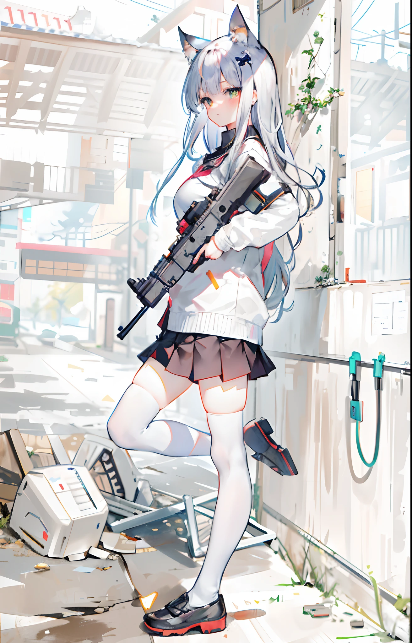 ((Masterpiece)), ((Best quality)), ((A high resolution)), ((Extremely detailed Cg Unity 8K wallpaper)),one-girl, (Cat-eared girl), Superskirt, ((pleatedskirt)), a black skirt, Japanese uniform, JK school uniform, Japanese high school girls' uniform, (White ladies shirt), Camouflage coat, Korean style blazer for women, (Black transparent stockings), Over-the-knee stockings, ((HK-416 rifle)), ((Armed with a firearm)), Fighting posture, (ornate backdrop), outside, Wasteland, Collapsed buildings, (battlefiled), (You can see the buildings), Broken streets, Abandoned cities, Walk the streets, Side Body, facing at camera, head looking up, Look at the camera, Shy, Tilt the camera sideways, Shooting, Shooting stance, poison fangs, Light blush, Fang, rape face, Reflectors, Cat ears, cat hair ornament, Striped hair, whaite hair, Brown hair, Gradient hair, ahoge, bangs, Long hair, Hairline, Absurdly long hair, hair over shoulders, Long hair, heart ahoge, hair splayed out, Floating hair, heart ahoge, Striped hair, anime big breast, Chiaroscuro, Depth of field, Cowboy shot, From the side Side, From below, 16k, A high resolution, Best quality, High quality, High details, Super detail, Anatomically correct, ccurate, Masterpiece, hyper HD