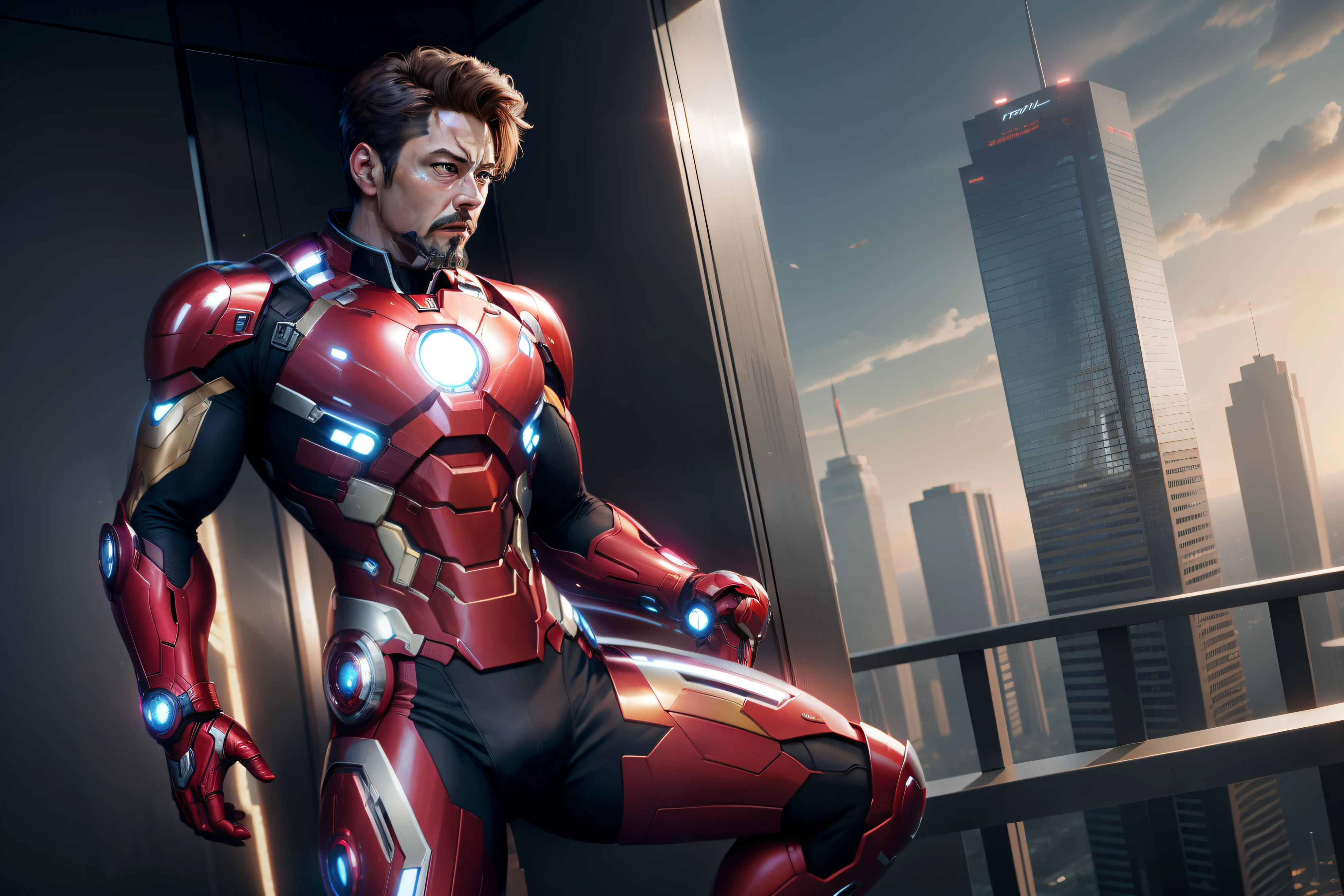 Tony stark half ironman suit stand at the top of Stark tower full view of city