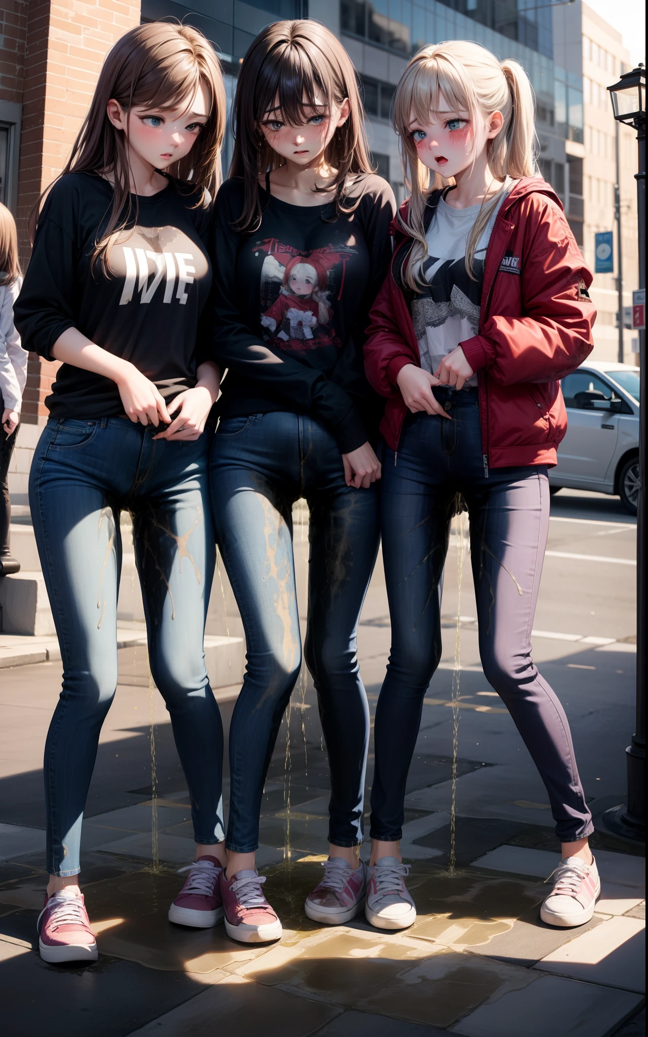 nsfw, masterpiece, best quality, high resolution, (3girls), 20 years old, (blue jeans pants), full body, blush, worried, city park, ((((((pee stain ))))))