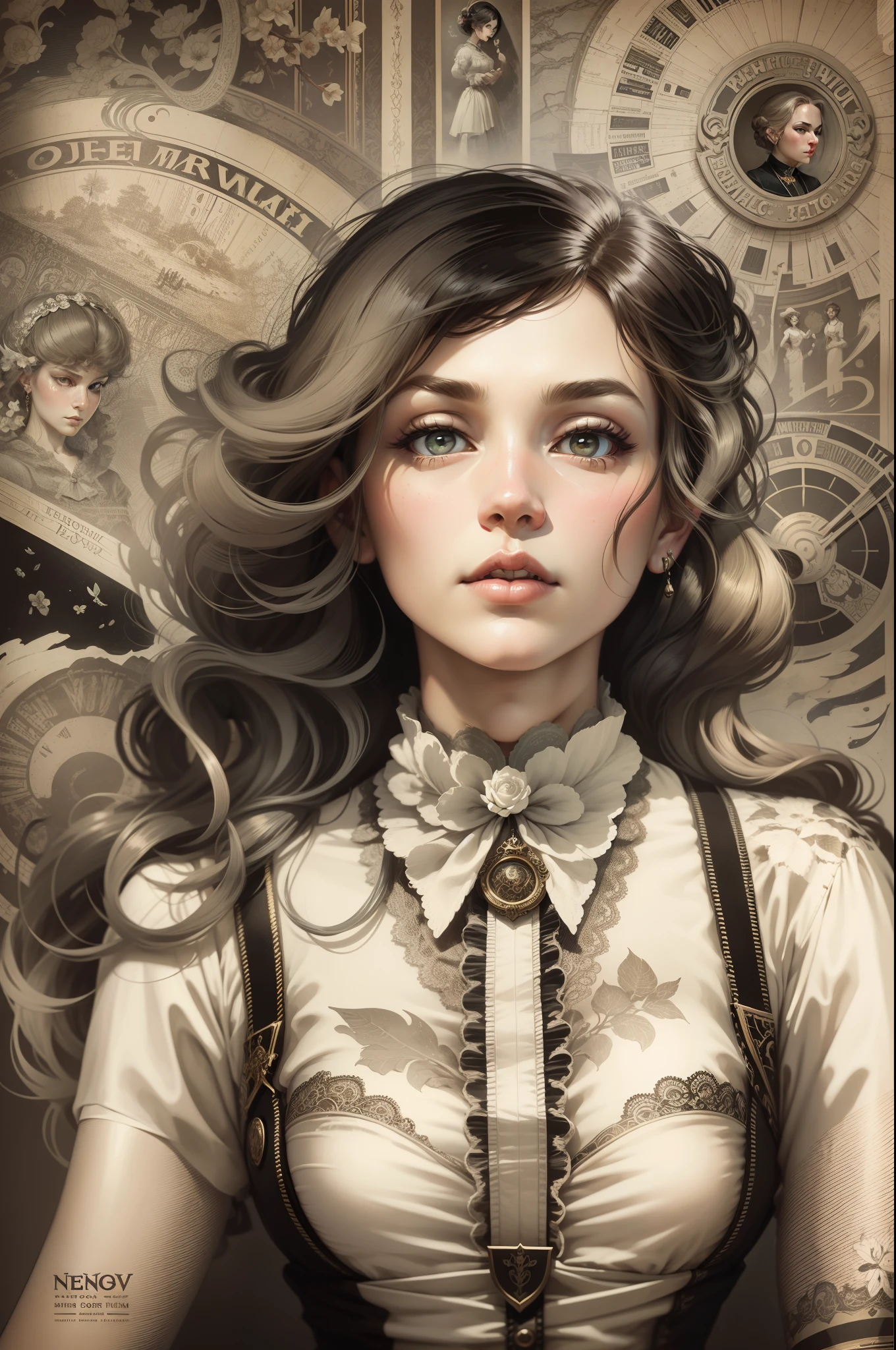 a poster with a beautiful classic woman in 1900 style, charming aura, ultra realistic details, arcane art style, inspired by NEVERCREW, hypervivid intense mcbess, inspired by Tim Biskup, digital illustration, by Justin Gerard,