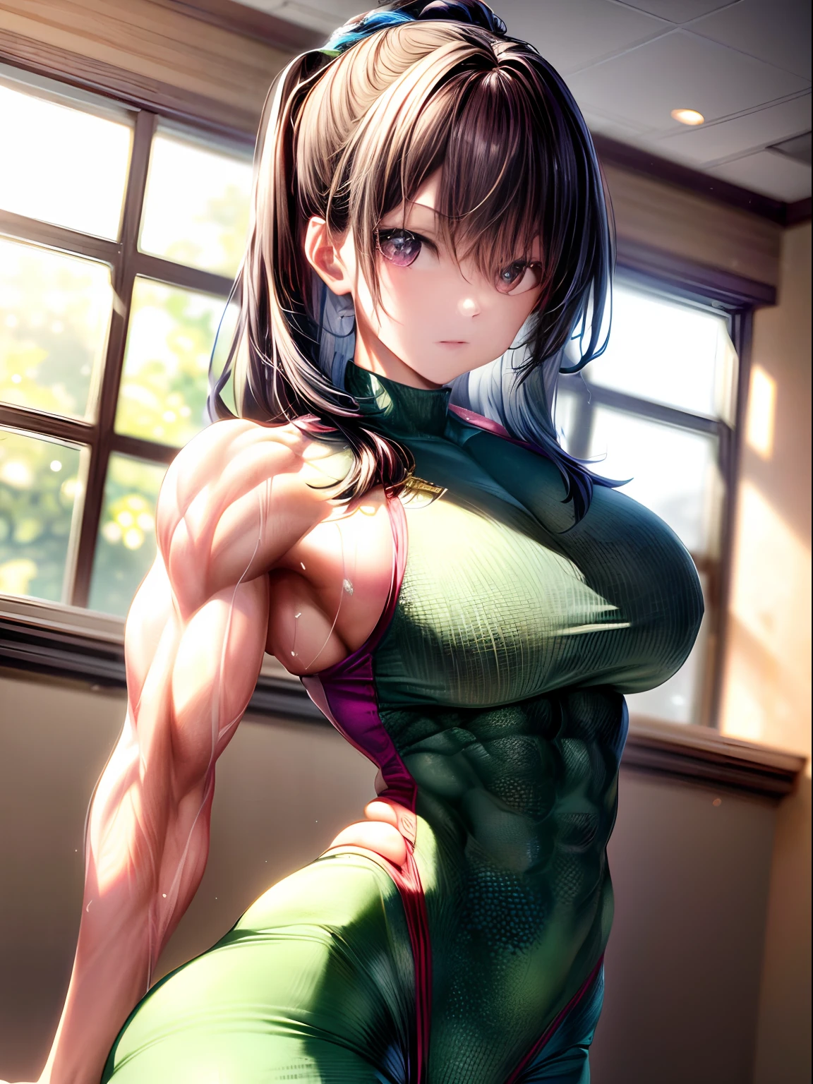 (BEST lighting) , (ultra intricately detailed) , 4K unification, (super-detailed CG: 1.2) , (8K: 1.2),(Original), (Masterpiece) , (Best quality),(Masterpiece:1.4),Anime-ish high quality,(Masterpiece),Masterpiece, Best quality, absurderes,((masterpeace, 4K, 8K, Yes, A high resolution))1girll, One man only，She is in the ballet studio，Ballet costumes, Protruding blood vessels on the arm，Green tendons bulge，Spring, Boots, Perfect figure, Short purple asymmetrical hair, Sweat, ((body builder:1.5)),The strongest in the world，Practice dance studio background,(Beautiful bace),(Girl),(Female),(((Upper body:1)))