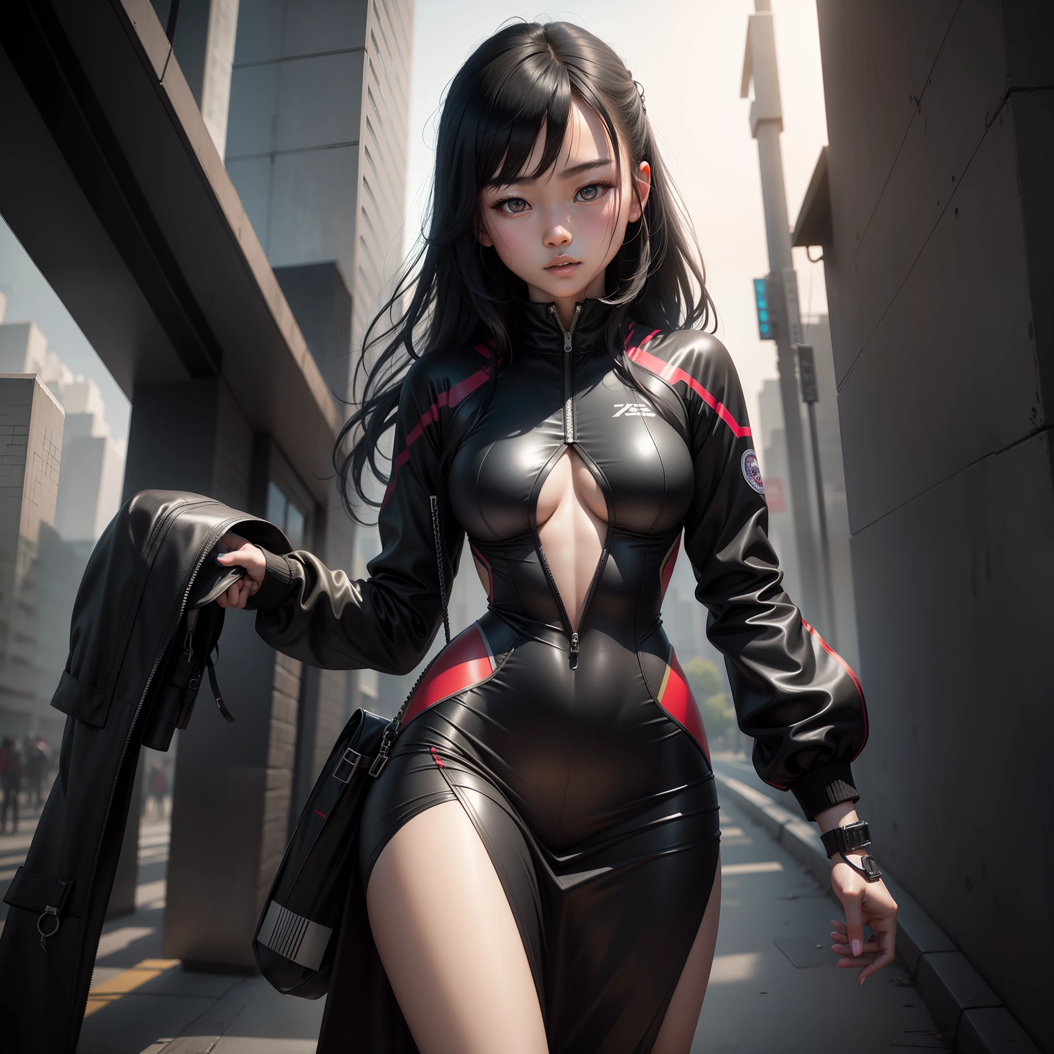 -yeld Chse girl,athlete,Mechanical body,with fair skin,goth style,Perfect curves,Dress appropriately,Urban science fiction,photorealistic paintings