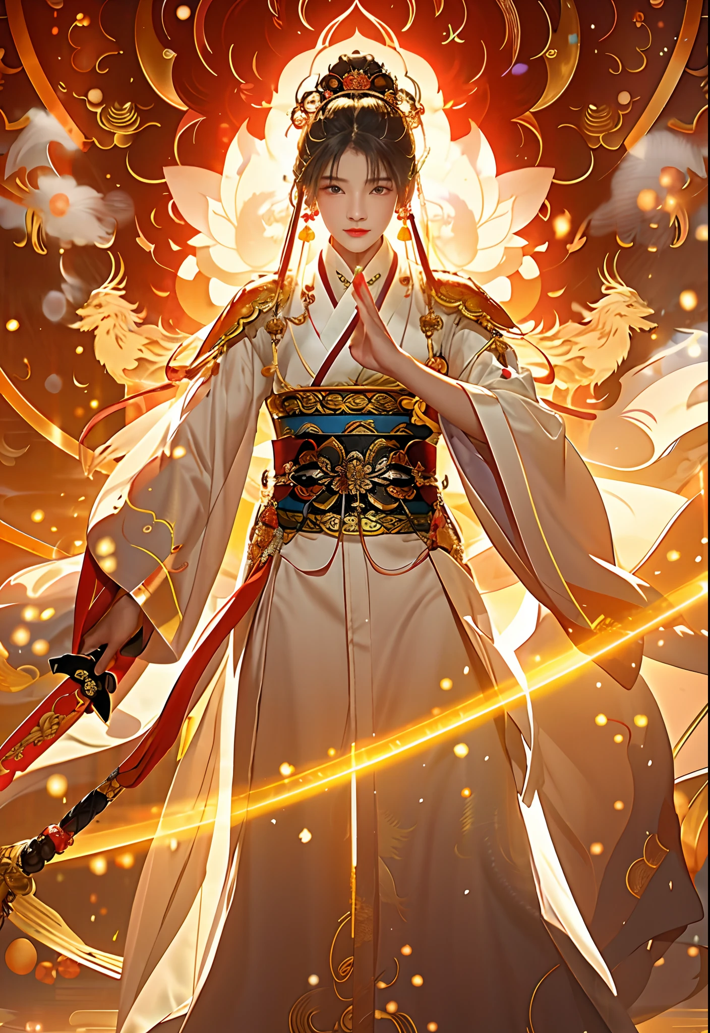 A woman in a yellow robe holds a sword and a yellow circle, （best qualtiy，tmasterpiece：1.2），超高分辨率，realisticlying，Front lighting，Complicated details，Exquisitedetailsandtextures，1girll，独奏，（年轻），Facial highlights，The upper part of the body，Detal Face，white skinned，Silvery hair，High ponytail，looking at viewert，largeeyes，Silk Hanfu，（Openwork pattern，white colors，silkouette），耳Nipple Ring，Large breasts，slimfigure，profesional lighting，photon maping，Radio City，physically-based renderingt，inspired by Yang Jin, inspired by Wu Li, inspired by Fan Kuan, black-haired mage, wearing a long flowing robe, xianxia hero, inspired by Luo Mu, holy fire spell art, an ancient Chinese goddess, Inspired by Seki Dosheng, holy flame spell, firemage