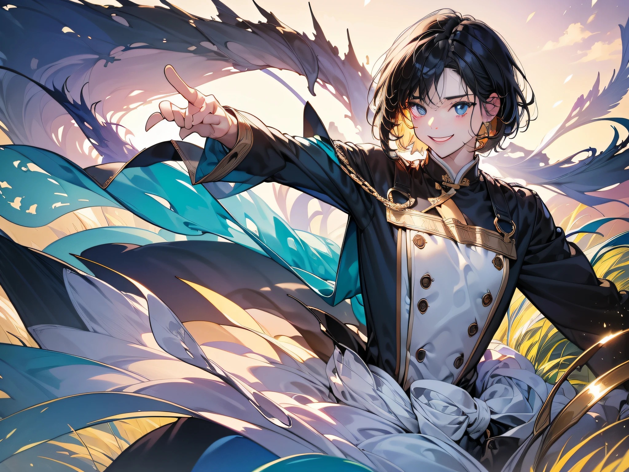 in 8K、top-quality、​masterpiece:1.2)、1人の女性、(Smiling smile:1.1)、beautidful eyes、Valley、The upper part of the body、length hair、Like a boy、poneyTail、Gold View、