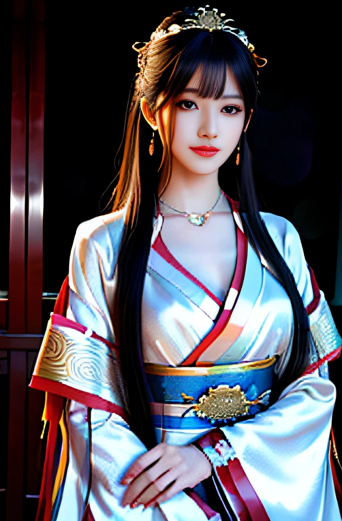 Best quality, masterpiece, high resolution, 1 girl, (Hanfu: 1.2), (gold thread stitching: 1.1), white translucent silk dragon robe, (translucent silk dragon robe: 1.3), (Ancient Chinese palace: 1.2), (smile: 1.1), lips, dress, (hair accessories: 1.2), (ancient Chinese dragon chair: 1.3), necklace, (jewelry: 1.1), long hair, big chest, earrings, delicate beautiful eyes, delicate eyelashes, beautiful face, upon_body, Tyndall Effect, (Realistic: 1.2), Edge Lighting, Two-tone Lighting, (High Detail Skin: 1.2), 8K UHD, DSLR, Soft Light, High Quality, Volume Light, Snapshot, (Photo: 1.1), High Resolution, Highest, High Resolution, Detailed Eyelashes, Beautiful Face, Body, Tyndall Effect, Two-tone Lighting, (High Detail Skin: 1.2), 8K Ultra HD, Soft Light, High Quality, Volume Lighting, Candid Shooting, (Low Angle Shooting: 1.1),