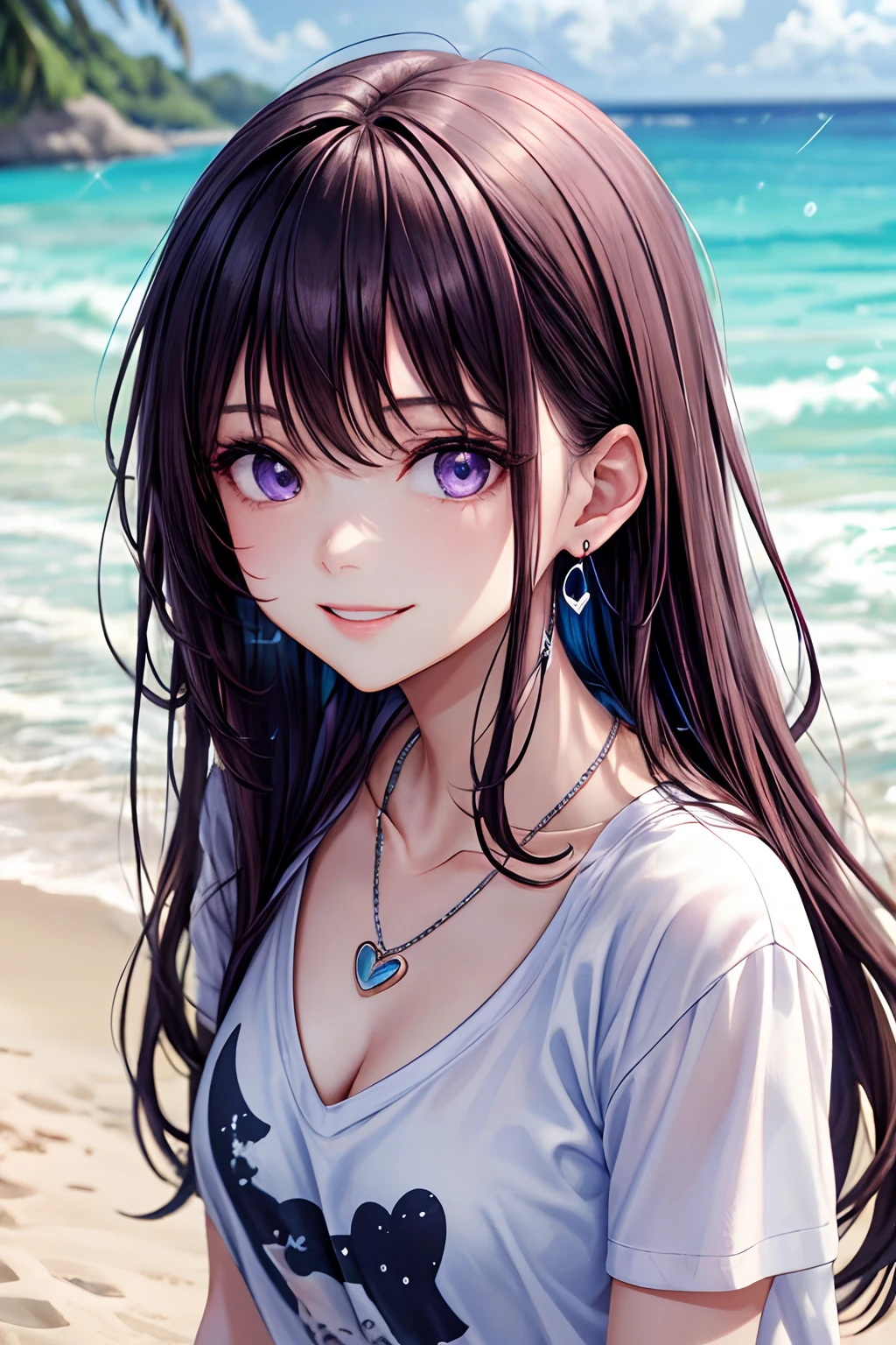 1 girl, purple hair, purple eyes, Front, detailed face, beautiful eyes, She is wearing a white T-Shirt and having fun on the beach. She looks very happy playing on the beach in her t-shirt . She accessorized with a small, silver bracelet on her wrist. While playing, the girl was drawn in by the colorful and glittering scenery of the sea. She is wearing cute heart-shaped earrings and a matching necklace and smiling in the bright sun., cleavage, medium breast, best quality, masterpiece