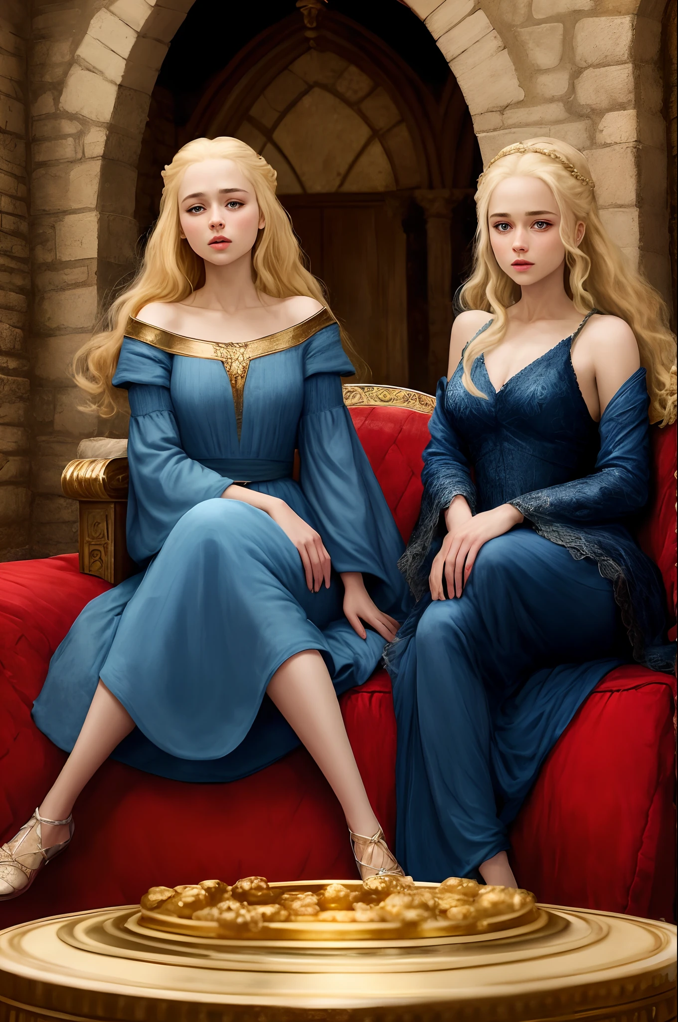 Medieval. blonde girl. golden hair. sitting on a couch. in a castle. blue eyes. wears a long red dress. Gold. Game of thrones.