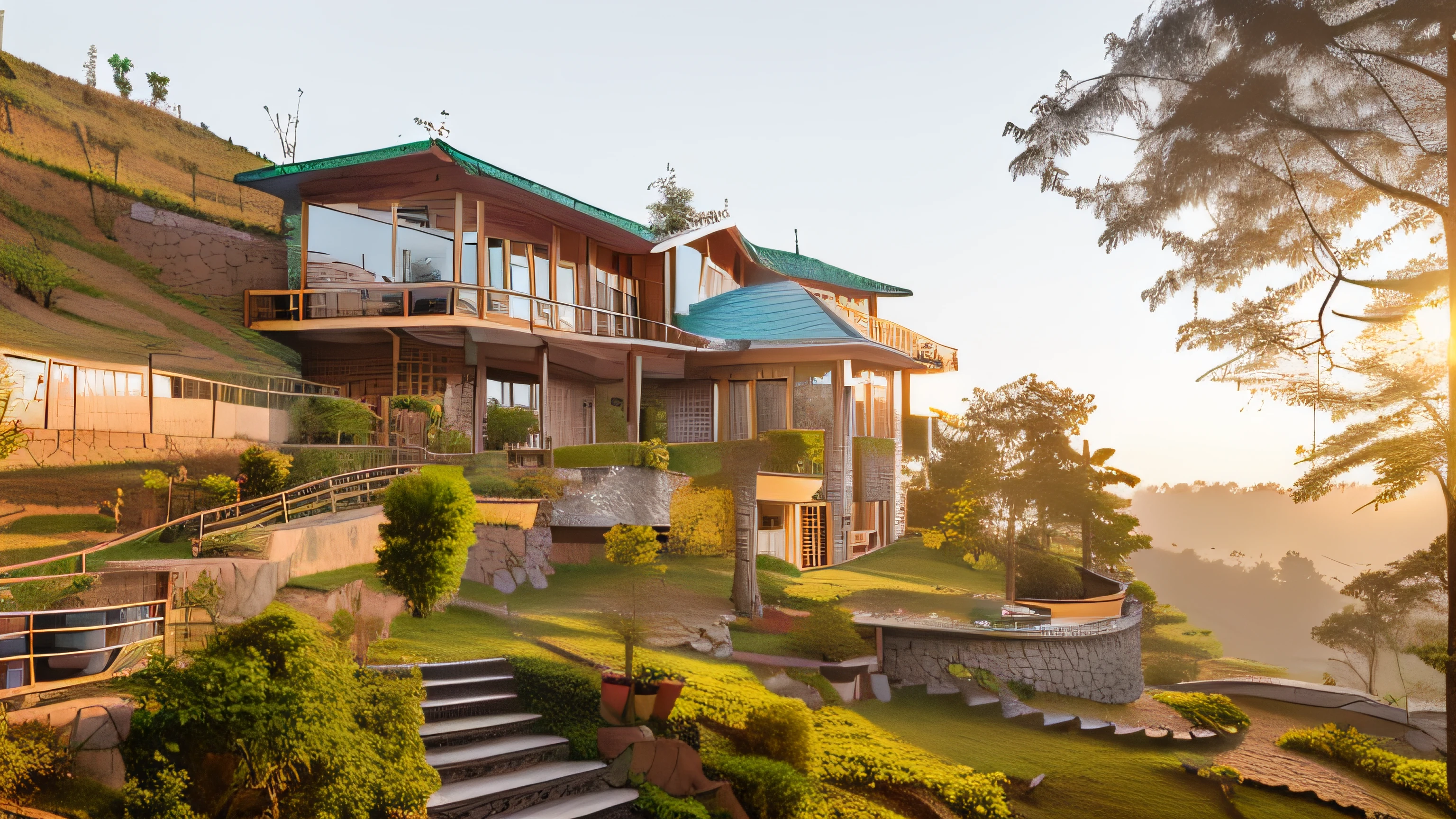 3 floor, 1 garage,out door rooftop, flat concrete yard, hillside, curved window, trees, surround in nature, chimney, reality, forest, wood wall, sunny, natural style, countryside villa, railing