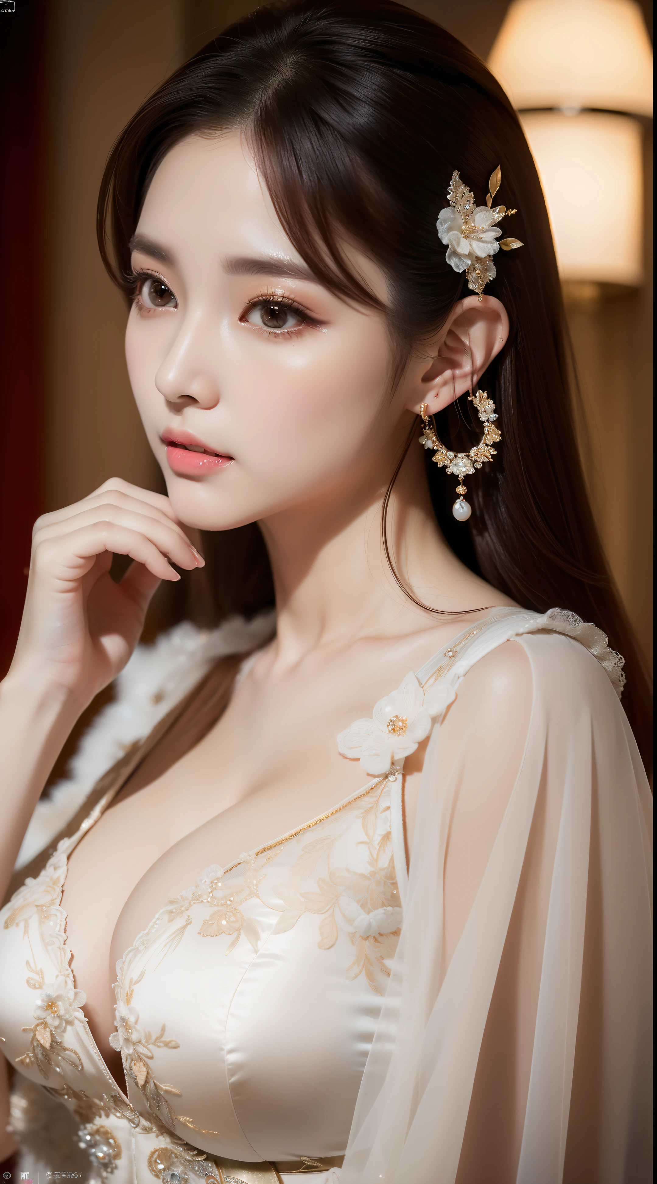 Masterpiece,(best qualtiy),highly  detailed,Ultra-detailed,Lady,Celebrity:Xiao Yu,(Hanfu:1.1),(Elegant temperament:1.2),(Bigboobs:1.3),(Semi-Dressed),(softlighting),(high high quality:1.4),(Detailed),(k hd),(Earrings),(Hairpin),(Exquisite),(Masterpiece)，16k