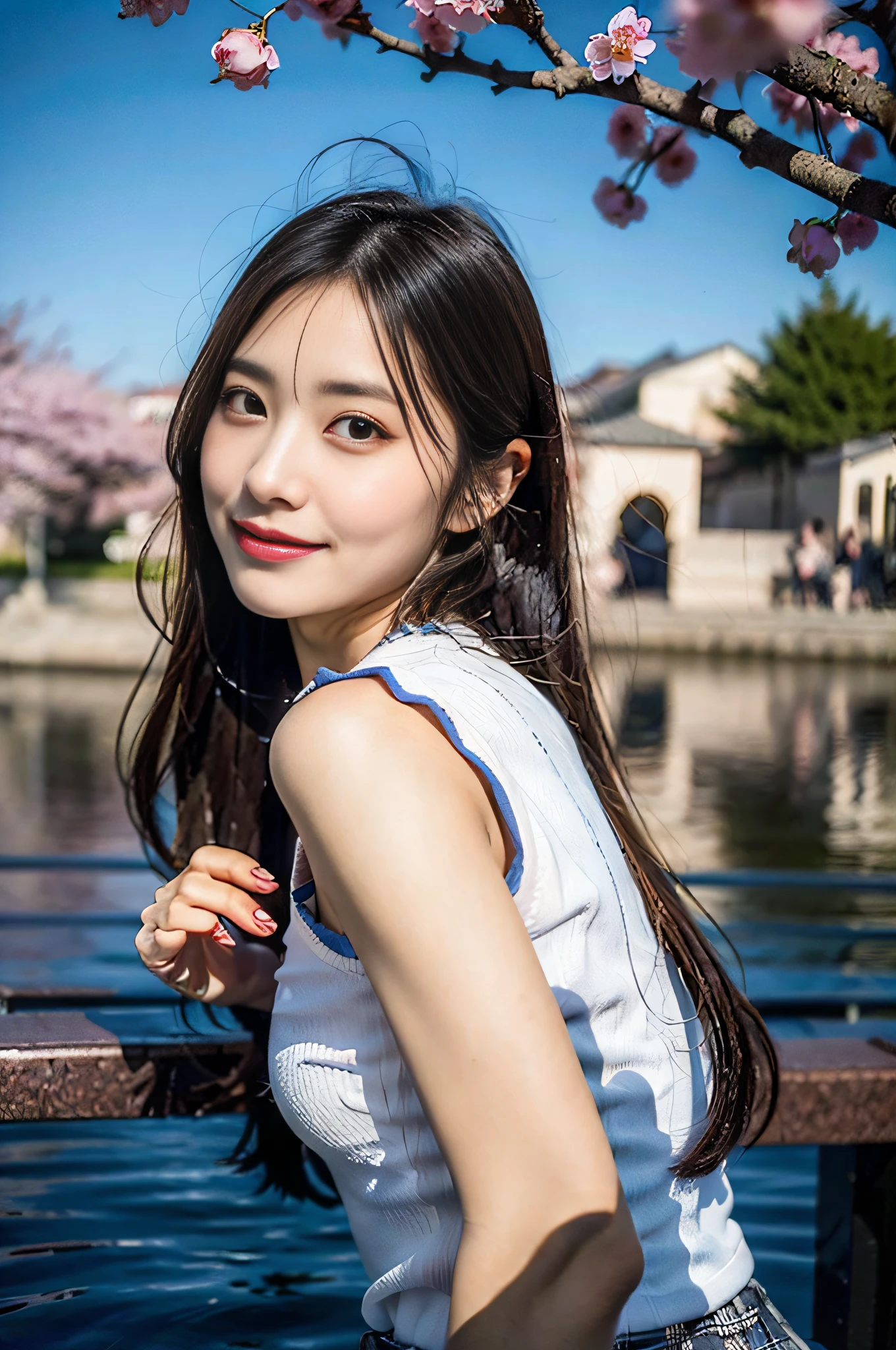 (8K,Raw photo、Raw photo、top-quality、Master masterpiece:1.2)、ultra-detailliert、Super Resolution、(Photorealsitic:1.3)、((Cherry blossoms sparkling on the surface of the water))、((Reality and cherry blossoms reflected on the surface of the water.))、Cute poses、Sakura Park at sunset、The end of cherry blossoms、Cherry blossoms flutter、Cherry blossoms soaring in the sky、the setting sun、Fantastic sunset、Akane's Sky、high resolution RAW color photos、professional photograpy、Same skin type as humans、Female proofreading of Japan from head to waist、Blur the background、Draws faithfully to anatomy、Correct number of fingers、(Very beautiful and detailed night cherry blossom trees 1:1.37)((Cherry blossoms fluttering in the wind))、fullmoon、Very detailed and beautiful、Ultra-high image quality、Half-up hairstyle、Bun hair、poneyTail、High school girl in sailor suit、(Puffy cheeks)Detailed uniforms、Each face has its own distinctive features、Different face patterns、Farbe々Hairstyle、Brown hair fluttering in the night breeze、Hair swaying and sexy、Very detailed beautiful girl、(Pink Eye Shadow)、Red tie