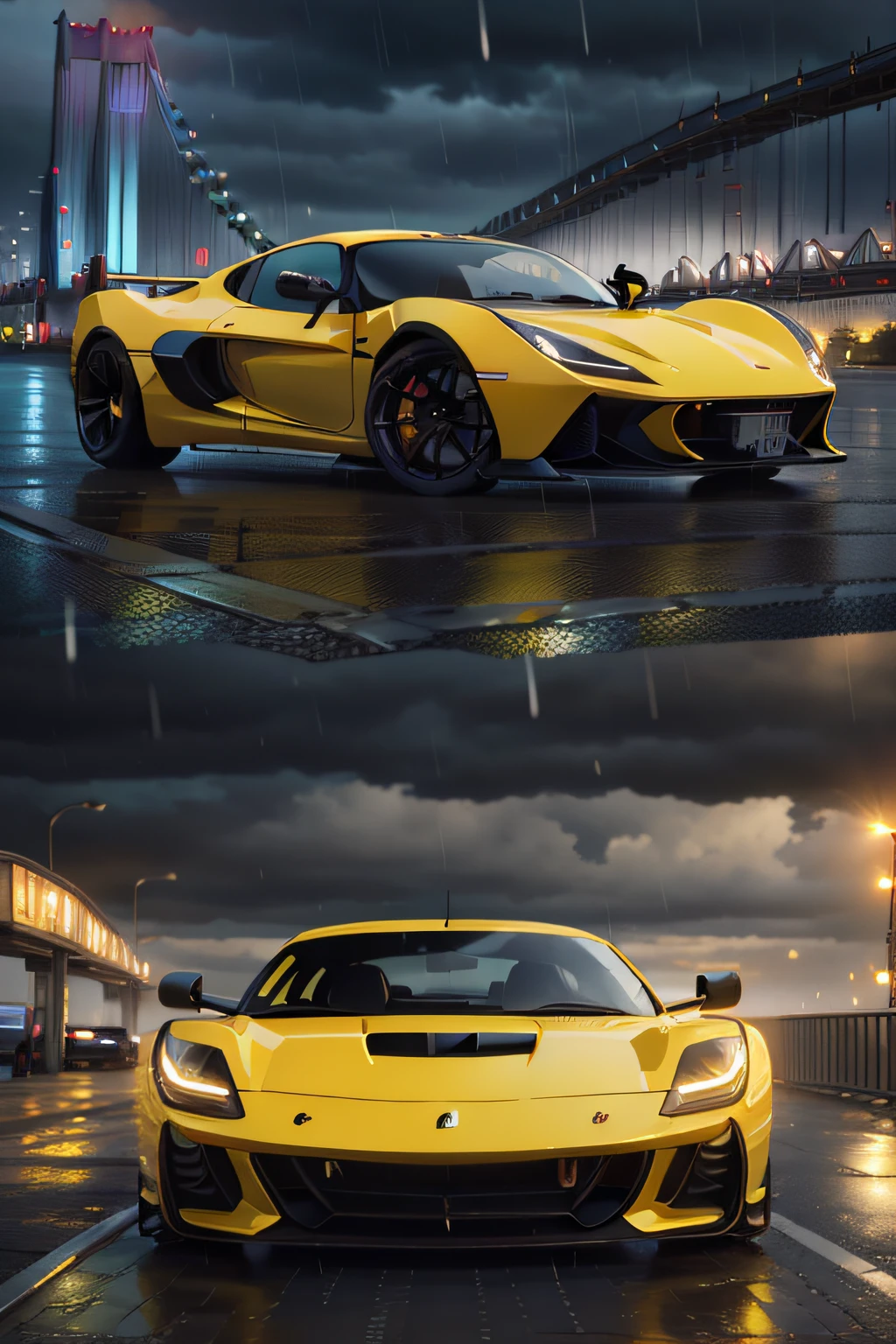 A yellow sports car driving on an outdoor highway，In the background is a bridge, raining day，violent storm，Lotus, author：Oscar Luci, author：Richard Mayhew, in style of syd mead, nicolas bouvier sparth, author：Ignacio Zuloaga, official poster artwork, illustrated poster, Official artwork, inspired by João Artur da Silva, inspired by Syd Mead