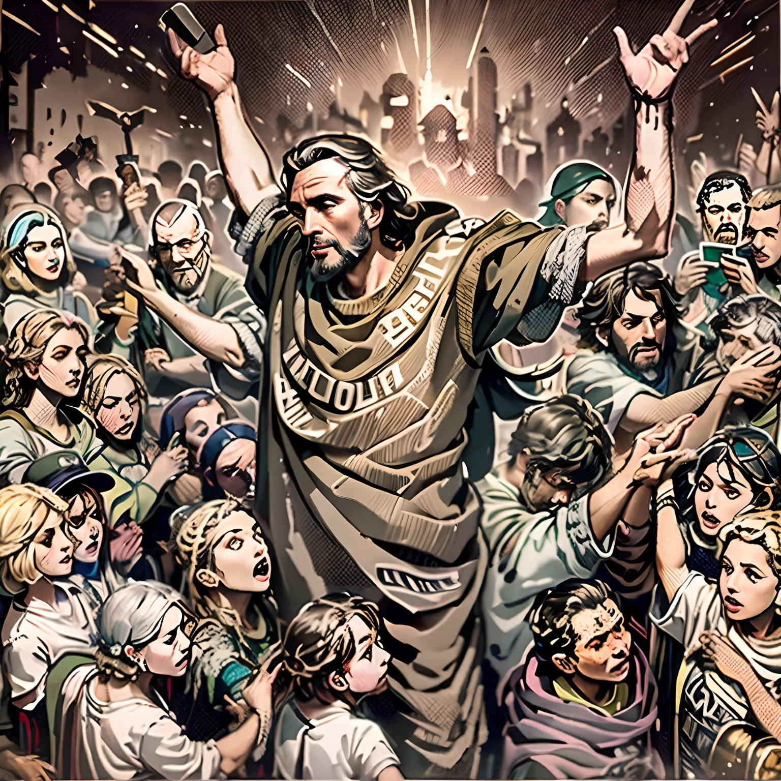 a painting of a man standing in front of a crowd of people, bible illustration, epic biblical depiction, jesus wasted at a party, epic full color illustration, martin ansin, prophet graphic novel, by Jason Benjamin, full color illustration, by Jason Felix, by Eddie Mendoza, by José Comas Quesada, gigachad jesus, cult leader, full color digital illustration