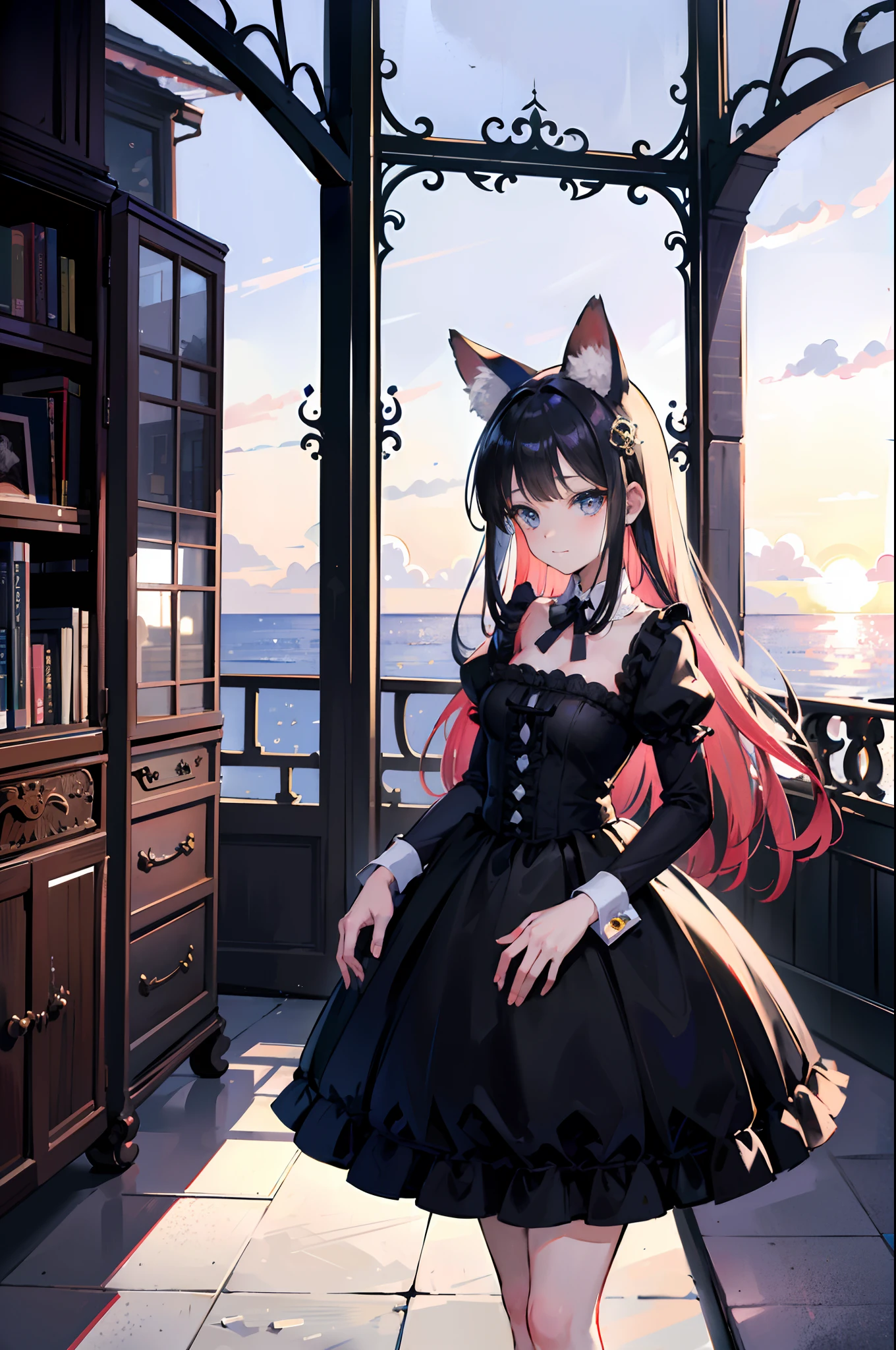 absurderes, hight resolution, (hyper detailed background, Detailed background), ighly detailed, artist style, Material Effects, Sunset Break Cute Cat Break 3 Girls, child , in ruins, Blake Playboy Bunny , Nervous Break Ball Gown, Smug Break Gothic Lolita , Laugh Break Perspective