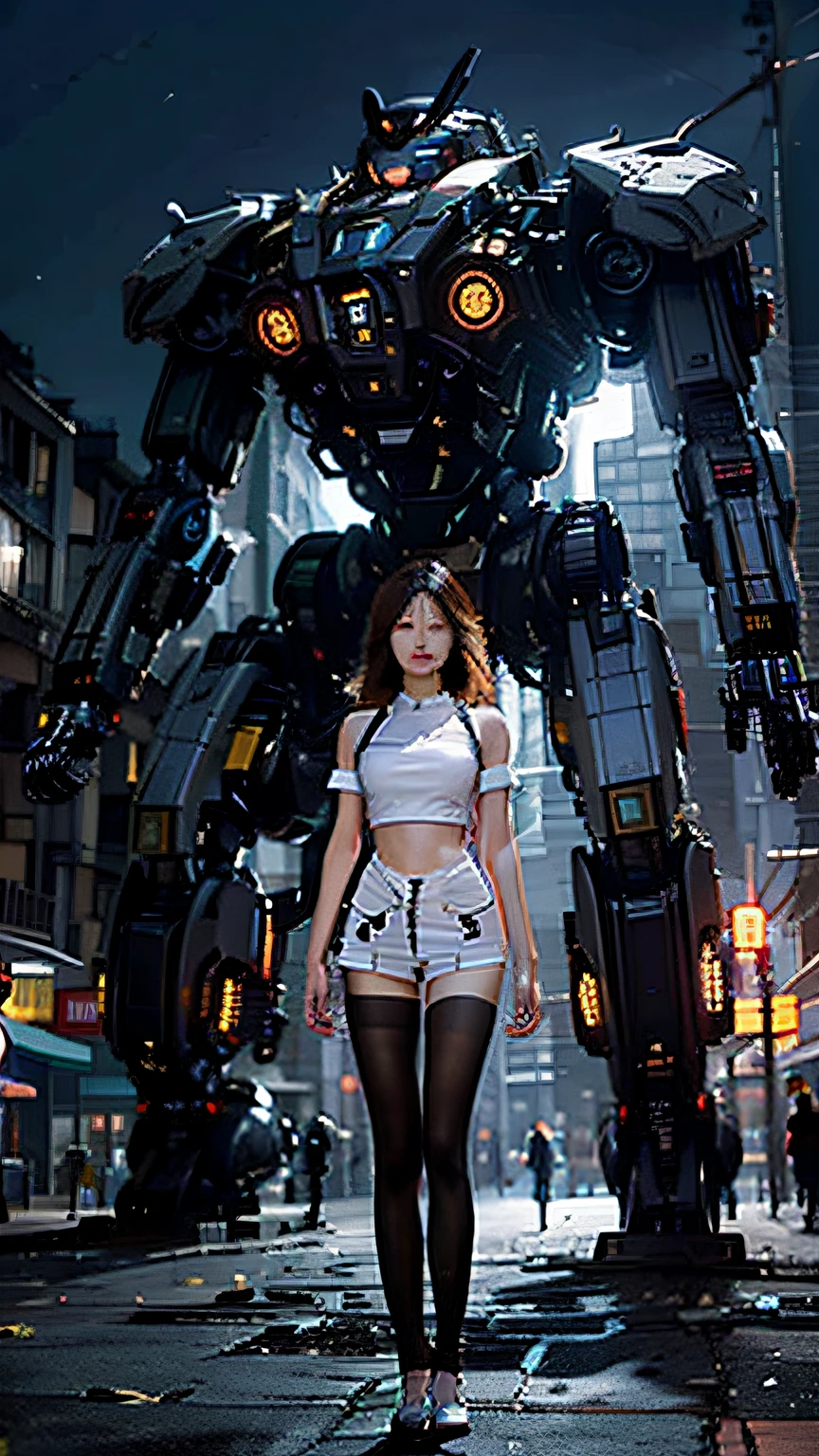 （（tmasterpiece，best qualtiy）），illustratio，Ultra-detailed 8K，Photorealsitic，Clear focus，A highly detailed，Professional lighting，Colorful Detailed，Rainbow color BREAK factory super long shot，Large mechanical robot structure，micro Chip，computers，with light glowing，Complicated details，shitu-mecha，1girl stands in front of the audience，Oriental face，Tights