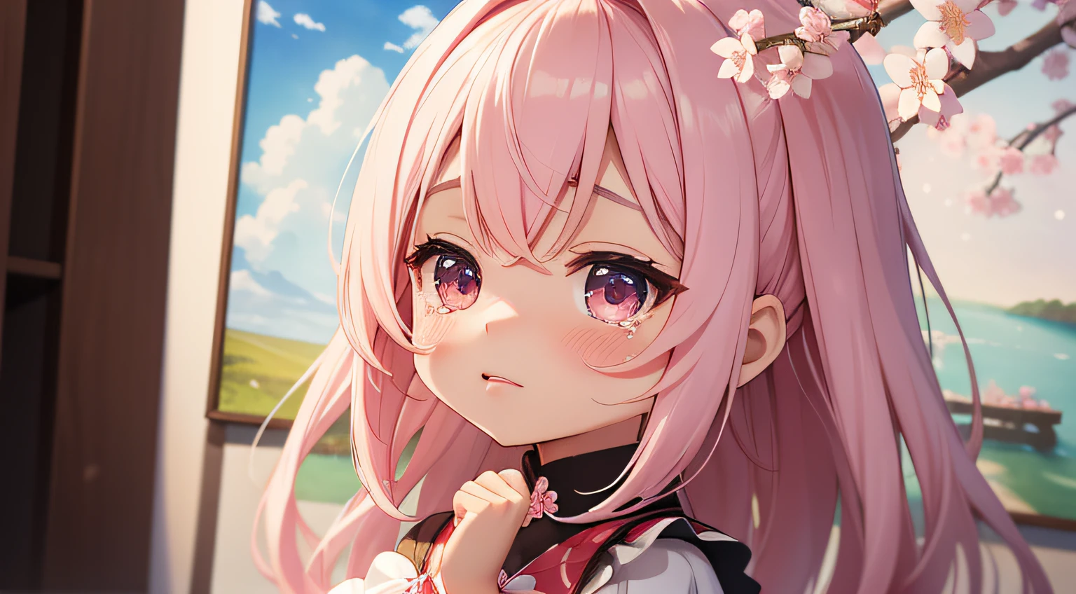 Doll standing in front of the painting、bionde、Crying face、Wiping tears、Close your right eye、Sengai、pixiv、rokoko、dollfie dream、watercolor Nendoroid、(High Definition Figure)、flowing sakura-colored silk、nendroid、highly_Detailed!!,Cherry blossom petals、Flowing cherry blossom silk、I'm crying with joy!、Open your mouth slightly、season!!: 🌸 ☀ 🍂 ❄