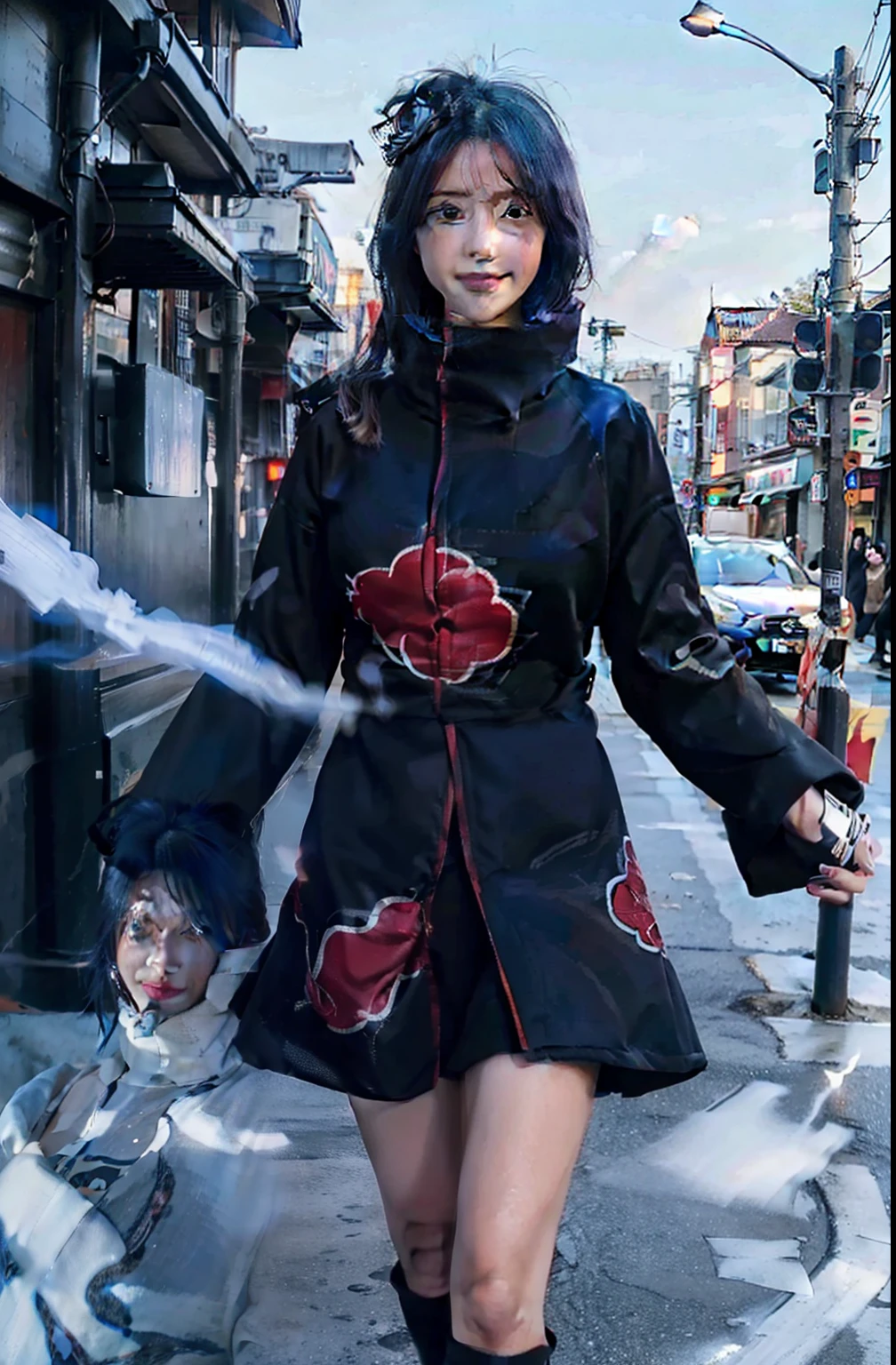 (8k, RAW photo), (best quality), (masterpiece), (realistic,) (photo-realistic),(highres), ultra-detailed, (realism:1.1),beautiful face, (1girl:1.1),woman,(looking at viewer),cowboy shot,japanese, konan \(naruto\), (akatsuki outfit:1.1), labret piercing, blue hair, blue eyes, professional lighting, photon mapping, physically-based rendering, dark theme, smile, big breasts
