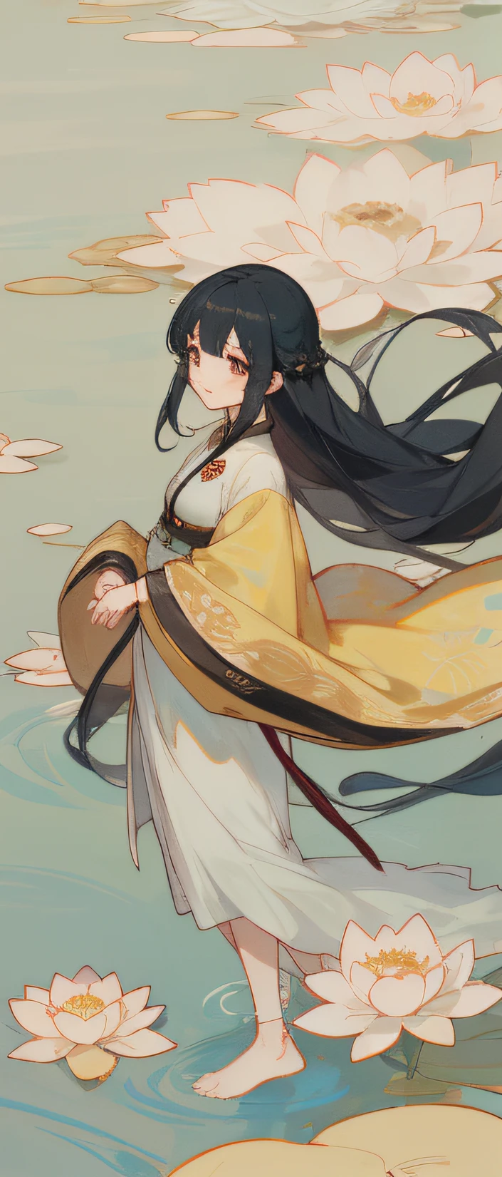 ((4k,masterpiece,best quality)), shuimobysim, Traditional chinese painting, lotuses, Hanfu, maxiskit, Dress conservatively 1girl, solo, blue long hair, ssmile, standing on your feet, Feet in the water, The barefoot,Playful,adolable