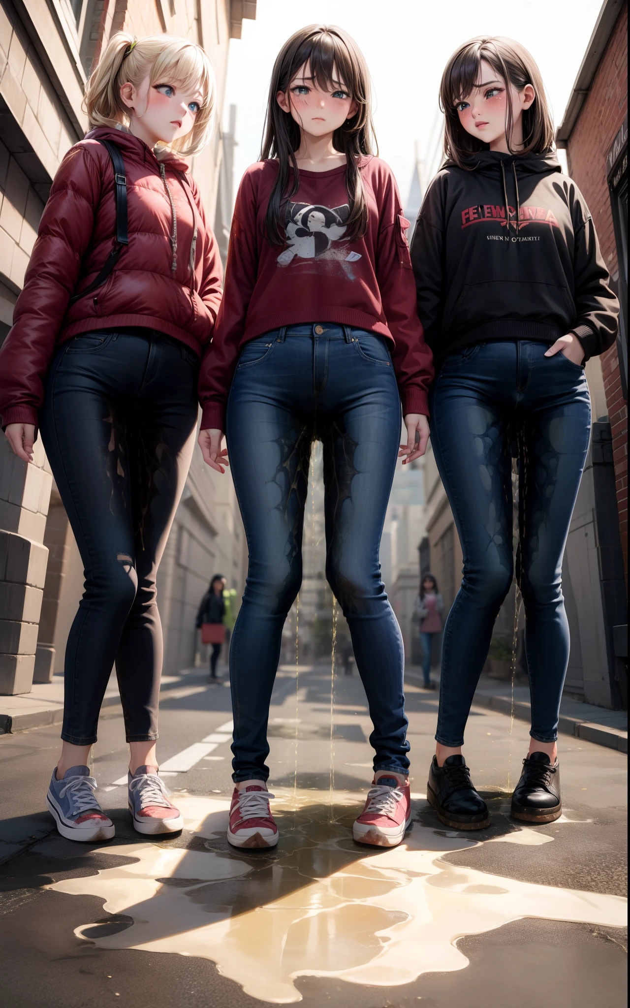 nsfw, masterpiece, best quality, high resolution, (3girls), 20 years old, (blue jeans pants), full body, blush, worried, city park, ((((((pee stain ))))))
