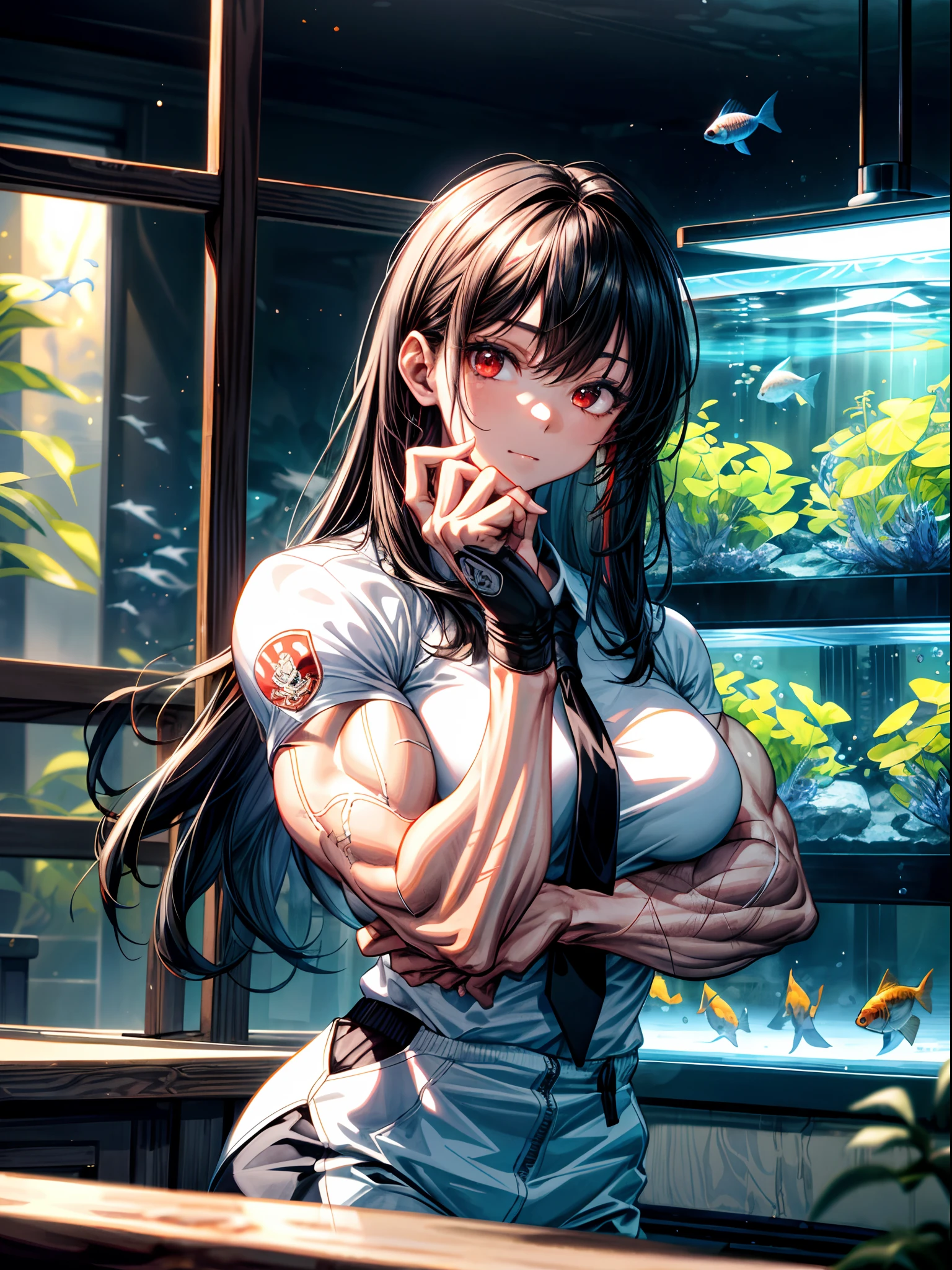 (best lighting) , (super-complex details) , 4K unified, (super-detailed CG: 1.2) , (8K: 1.2),(original), (masterpiece) , (best quality),(Masterpiece:1.4),Anime-ish high quality,(masterpiece),masterpiece, best quality, absurdres,((Masterpeace, 4k, 8k, highres)),(masterpiece), (best quality), (ultra-detailed), (an extremely delicate and beautiful), ((cowboy shot)), 1 woman, Yoru, beautiful face, detailed face, red eyes, scar on the cheek, long hair, black hair, school uniform, white shirt, black tie, dynamic pose, looking at viewer, on a aquarium, fish tank behind her, algae, marine life, blurred bottom, female focus, depth of field, full HD, high definition, high resolution
, ((body builder:1.5)),temple background,(beautiful bace),(girl),(female),(((upper body:1))),from front