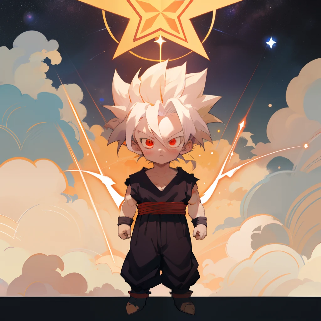 son gohan, super saiyan, white hair, standing pose, yellow aura, masterpiece, best quality, illustration, Hair standing upright: 1.5,
game icon institute, red eyes,
cloud, sky, space, star_\(sky\), starry_sky,