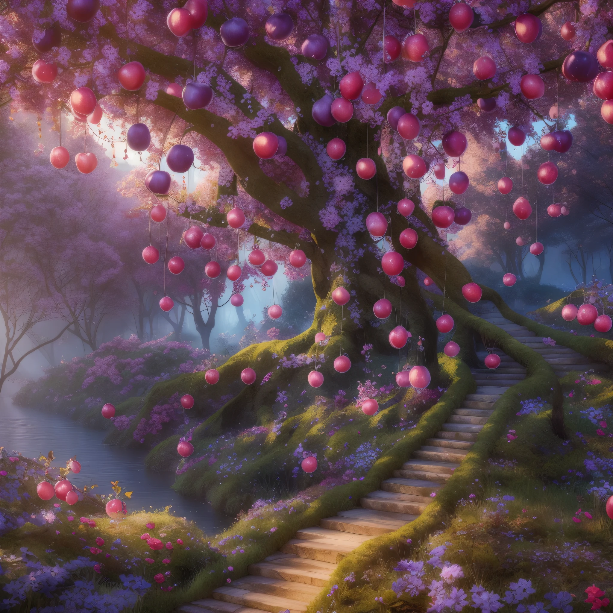 Fairytale Forest, Very realistic, Plums grow on a large tree, fantasy, Colorful path across the river, worth Elizabeth from Bioshok