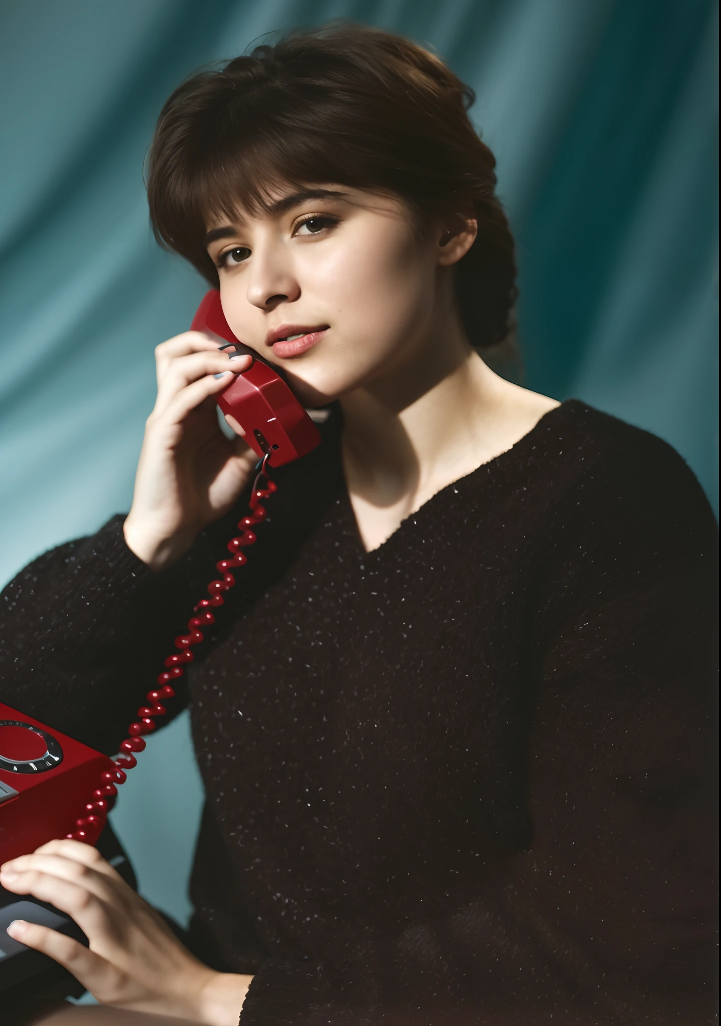 RAW photo, A 25-year-old girl talking on a wired phone, natural skin, Maximum similarity, 8K UHD, hiquality, sharpness.