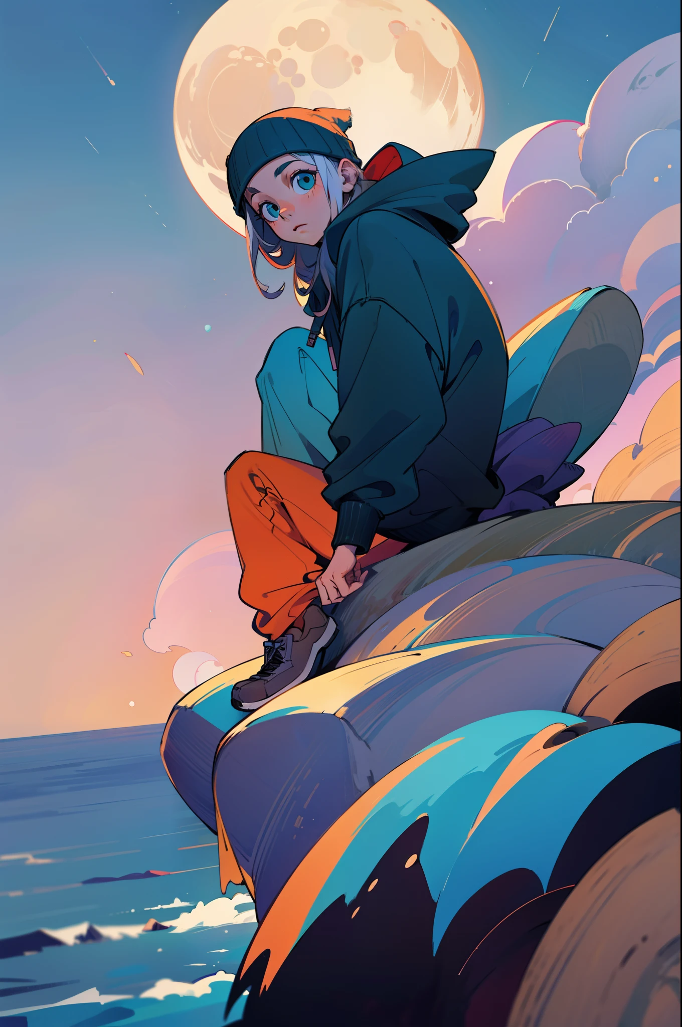 Guy wearing Hoodie and Beanie, Sitting on Cliff, Locking towards the horizon, Highly detailed, cinematic angle, moon highlights everything, perfect illustration